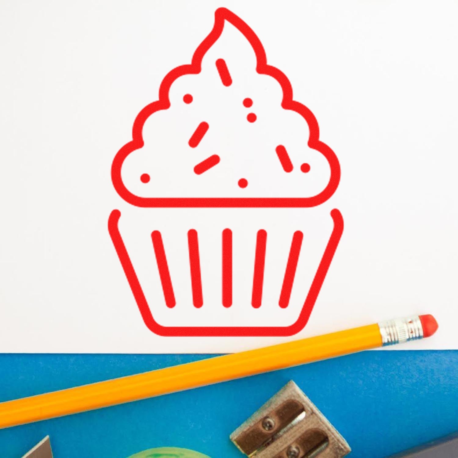 ESS Wood Handle Happy Cupcakes Card Reward Rubber Stamp for loyalty programs, featuring colorful cupcake design and sturdy wooden handle.