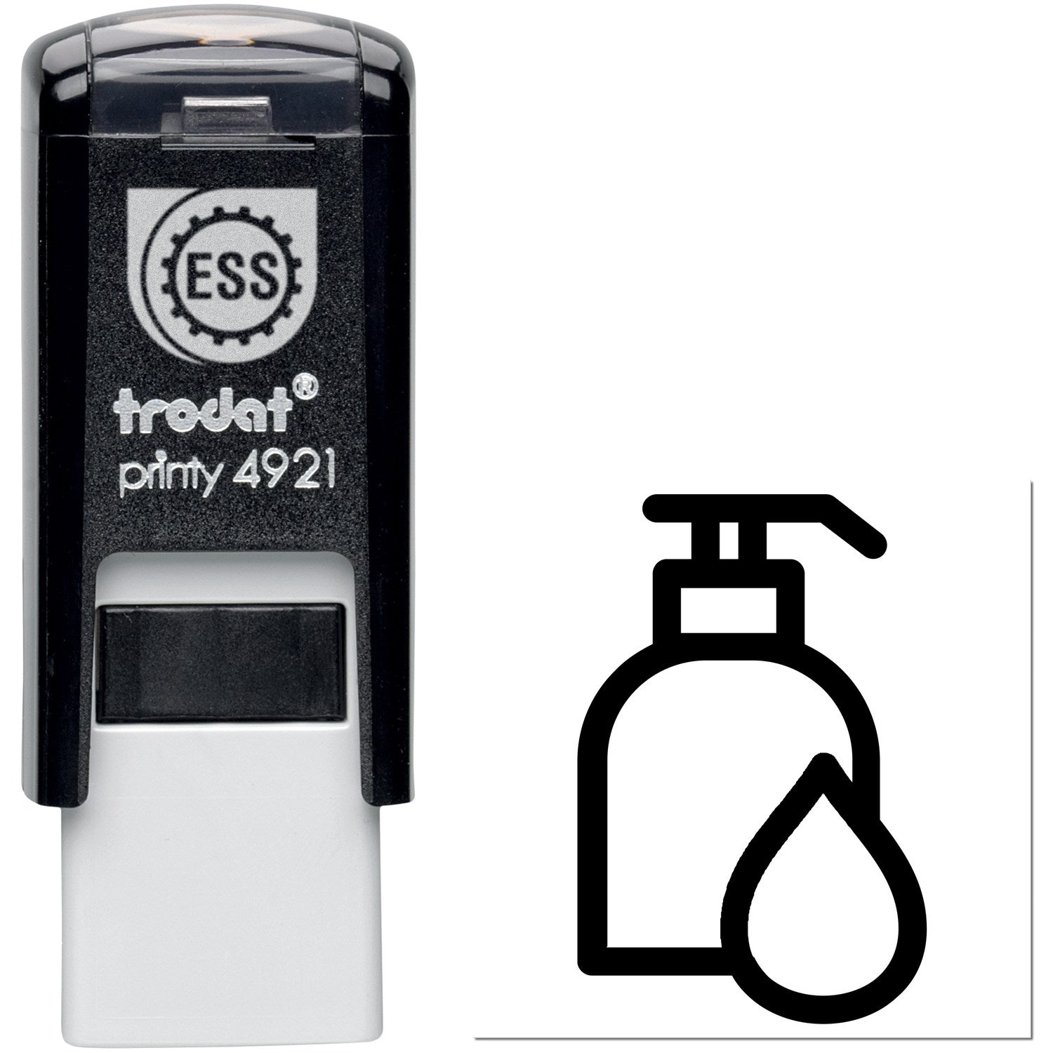 Self-Inking Pampered Loyalty Incentive Stamp with black casing and ESS logo, featuring a soap dispenser icon. Ideal for customer rewards and promotions.