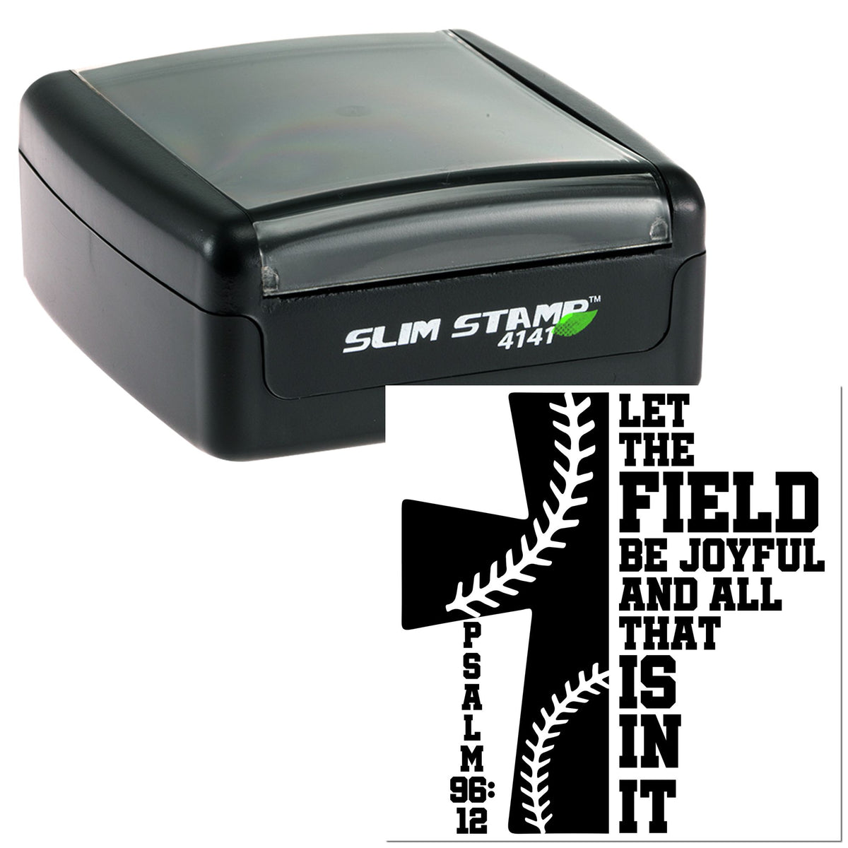 Black Slim Stamp 4141 self-inking stamp with white baseball-themed seal design and green accent.