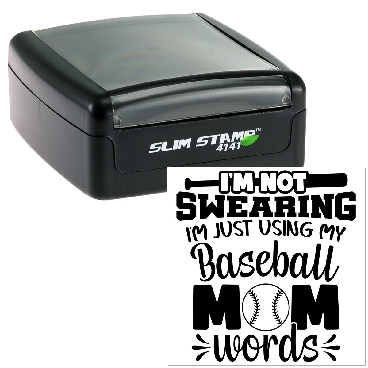 Black self-inking Slim Stamp 4141 with transparent gray cap and baseball mom word art seal design.