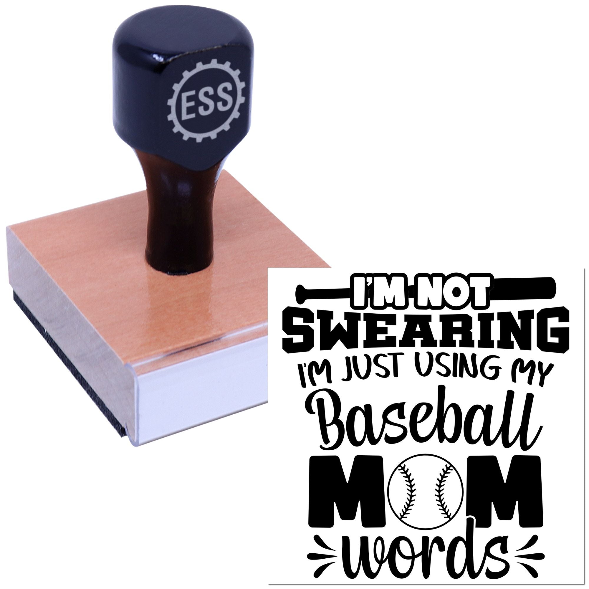Dark blue ESS stamp and seal on wood block with black Baseball Mom words imprint and gear logo