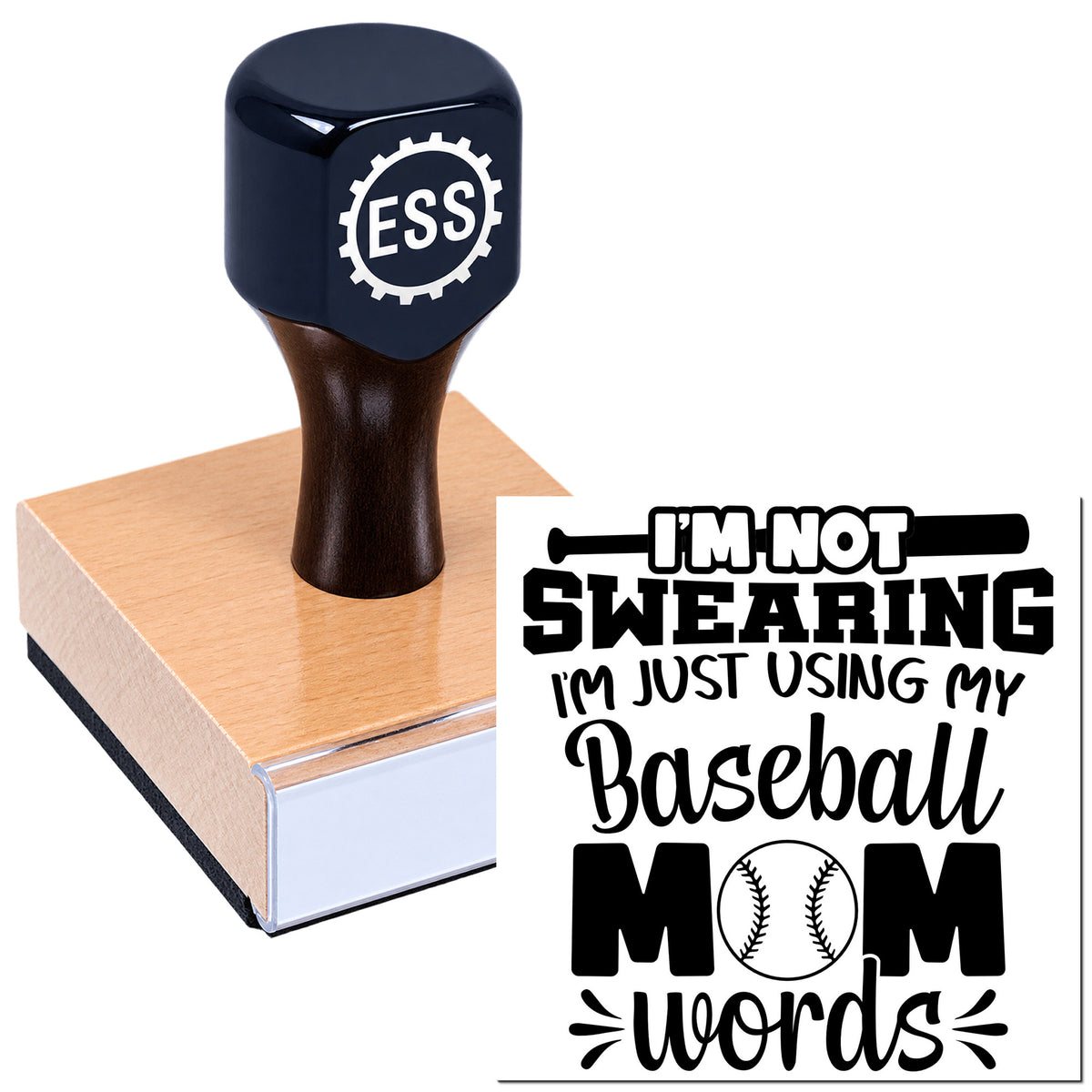 Dark blue ESS stamp and seal on wood block with black "Baseball Mom" words imprint and gear logo