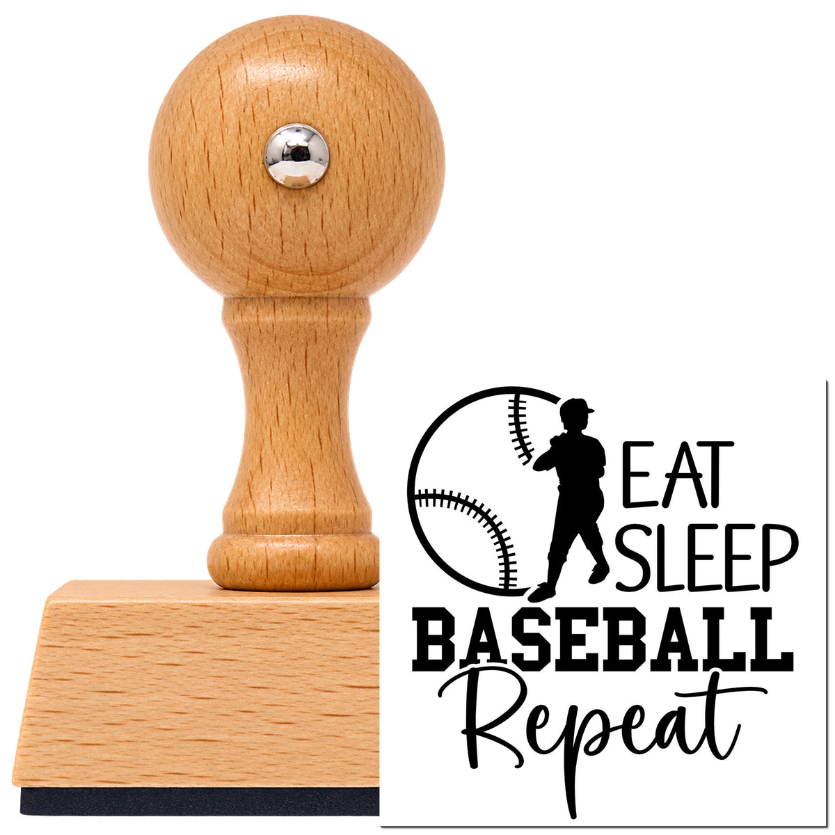 Vintage Pro beech wood stamp with a round knob handle, shown with its black Eat Sleep Baseball Repeat Batter Silhouette imprint on white.