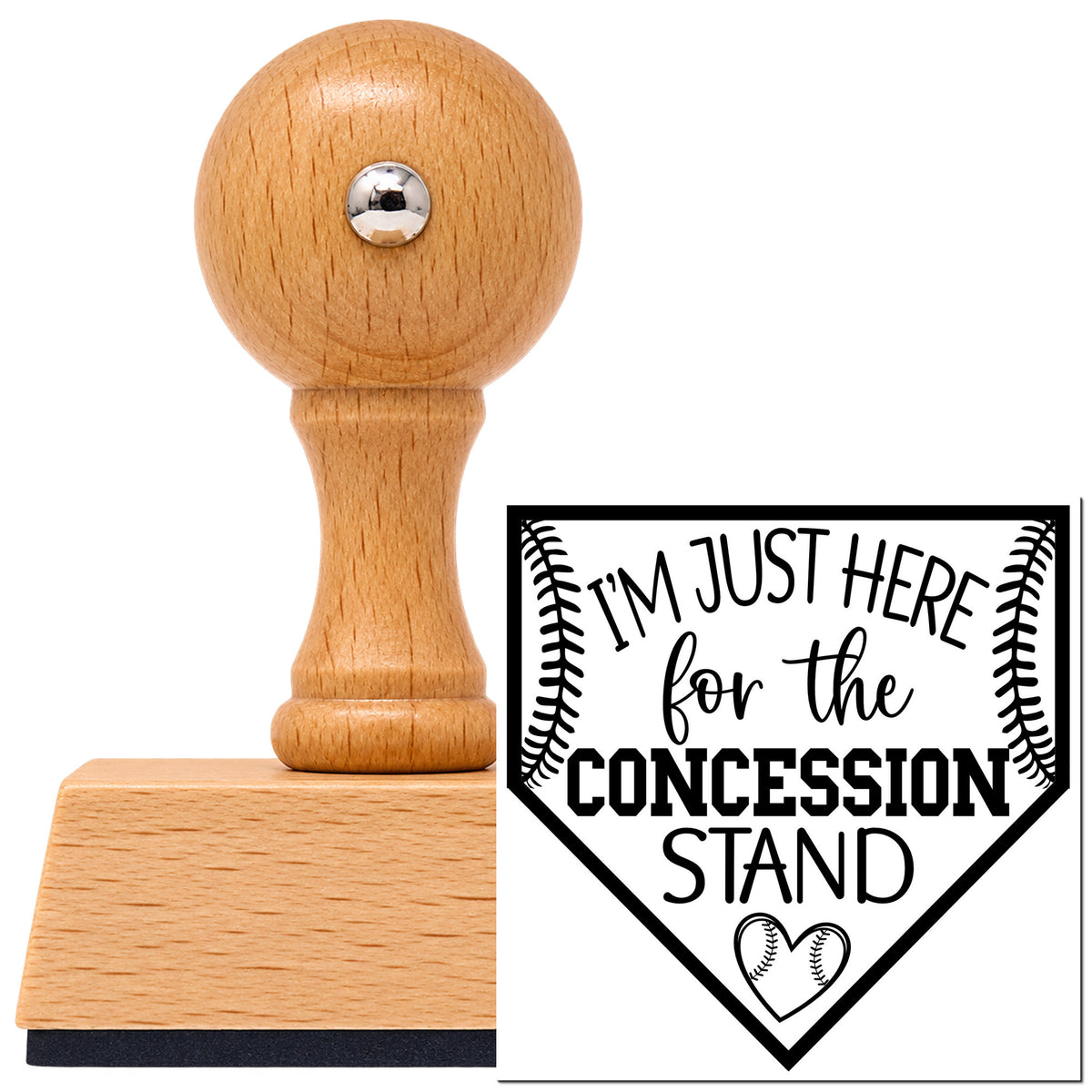 Vintage Pro beech wood stamp with a round knob handle, shown with its black Concession Stand Fan imprint on white.