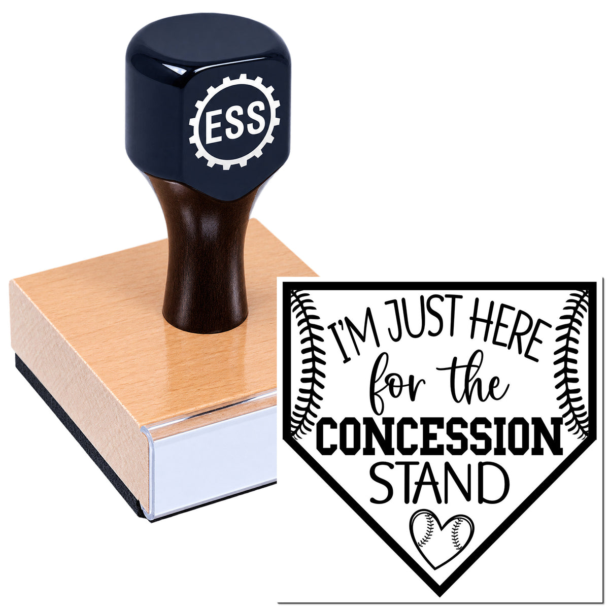 Black ESS stamp on a wooden block with a bold black-and-white concession stand seal and baseball stitching.