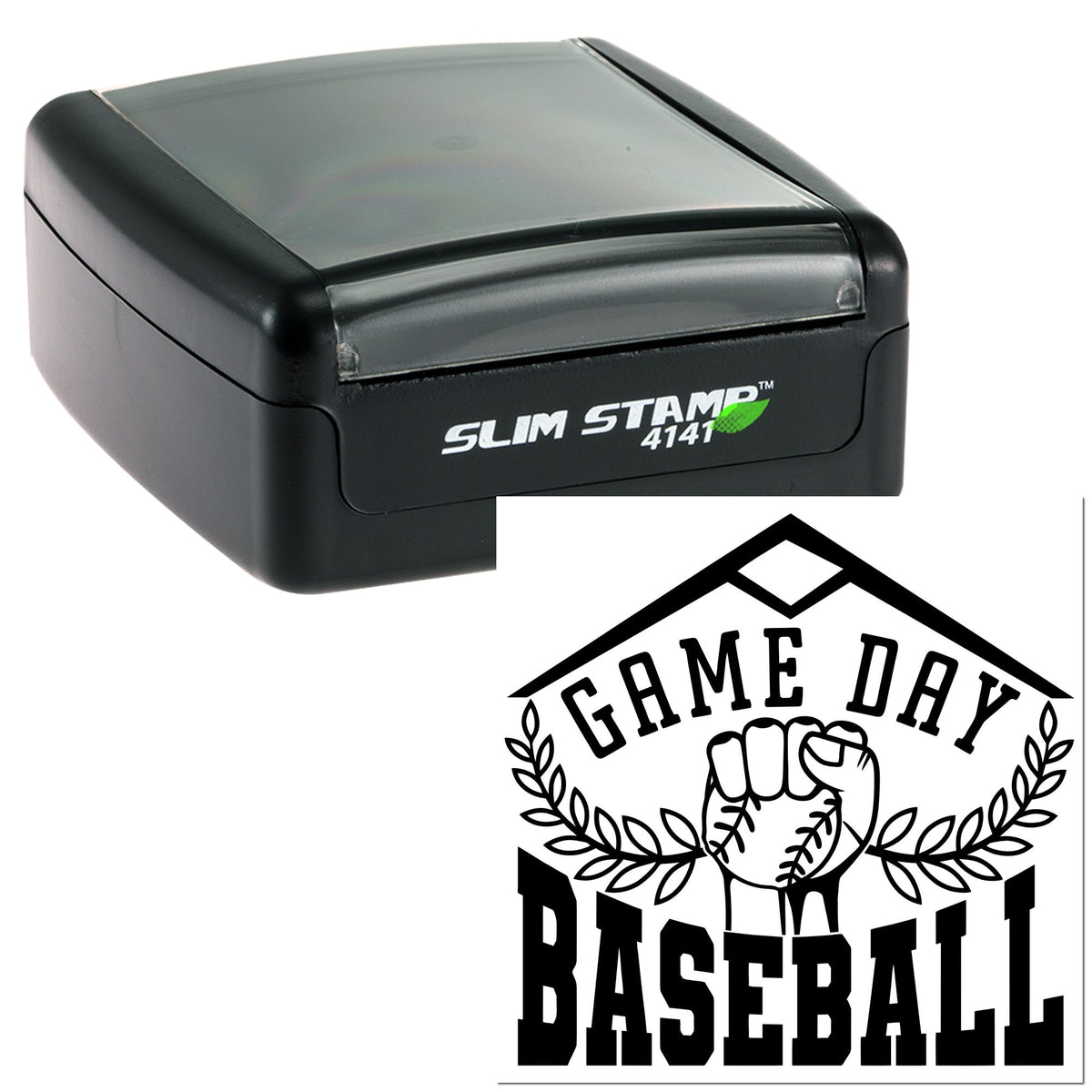 Black Slim Stamp 4141 self-inking stamp with Game Day Baseball seal design in bold black on white.