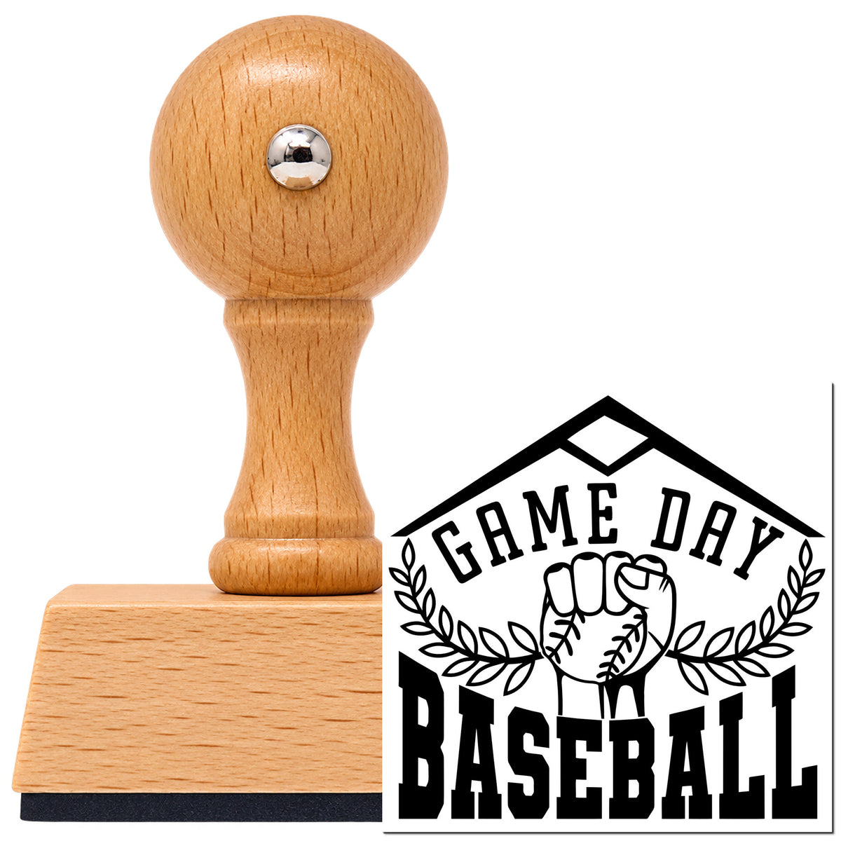 Vintage Pro beech wood stamp with a round knob handle, shown with its black Game Day Baseball Fist Home Plate Badge imprint on white.