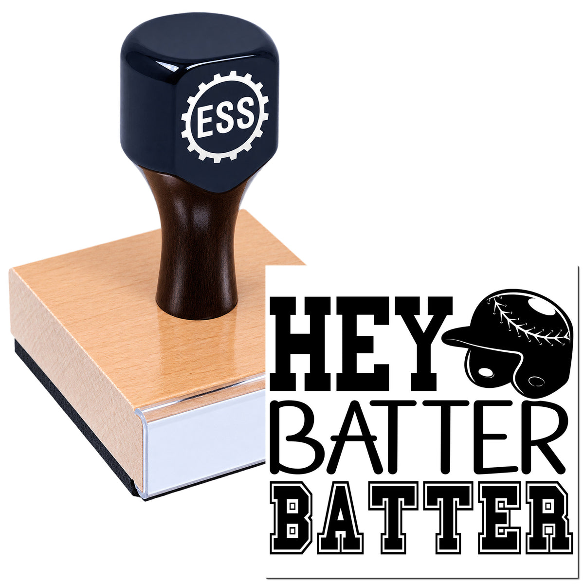 Navy custom rubber stamp on tan seal block with bold black "HEY BATTER BATTER" baseball design and helmet icon.