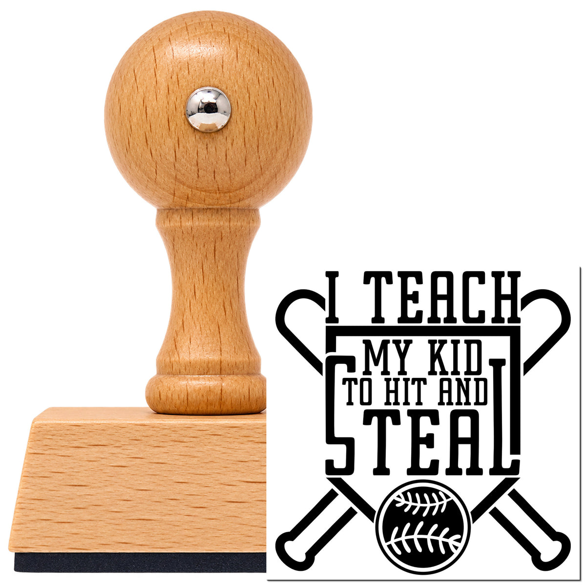 Vintage Pro beech wood stamp with a round knob handle, shown with its black Hit And Steal Shield imprint on white.