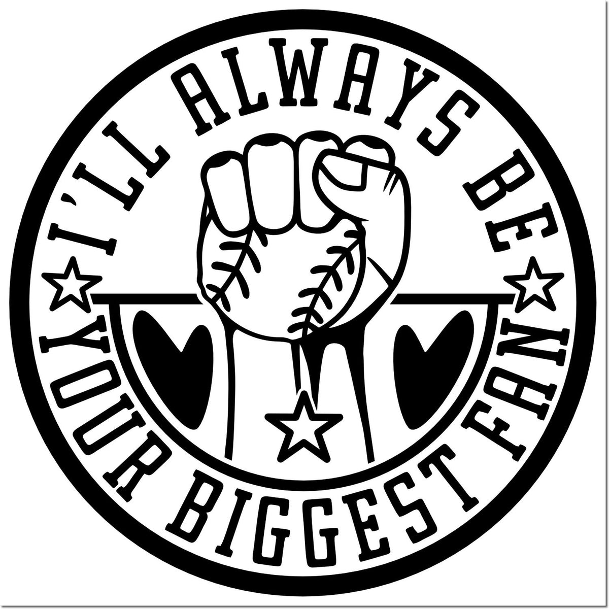 Circular black-and-white rubber stamp seal with raised fist, hearts, stars, and bold text around the edge.