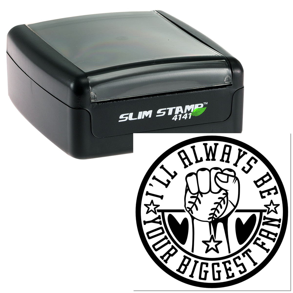 Black Slim Stamp self-inking stamp with gray top and custom black-and-white round baseball seal design.