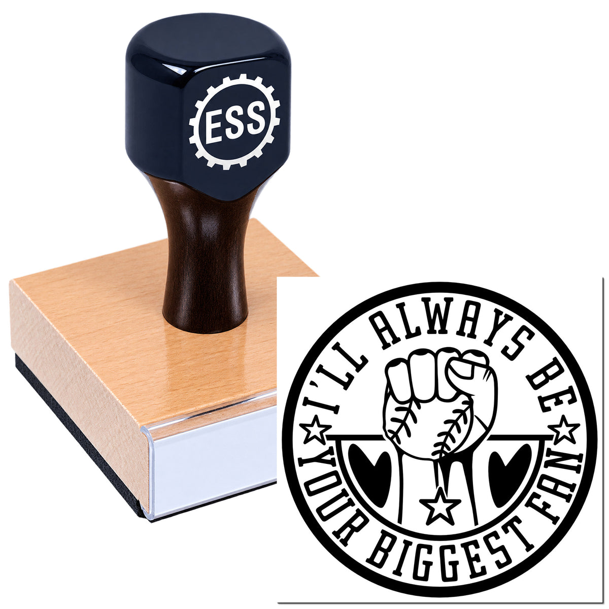 Dark blue ESS rubber stamp on a wooden block beside a black circular baseball seal reading "I'll Always Be Your Biggest Fan."