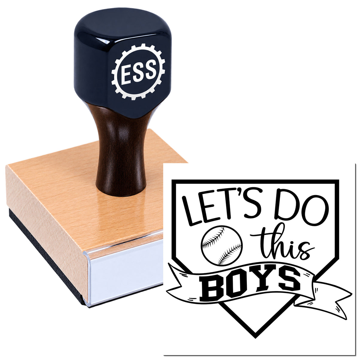 Dark blue custom rubber stamp and wooden seal block with baseball-themed "Let's Do This Boys" design.