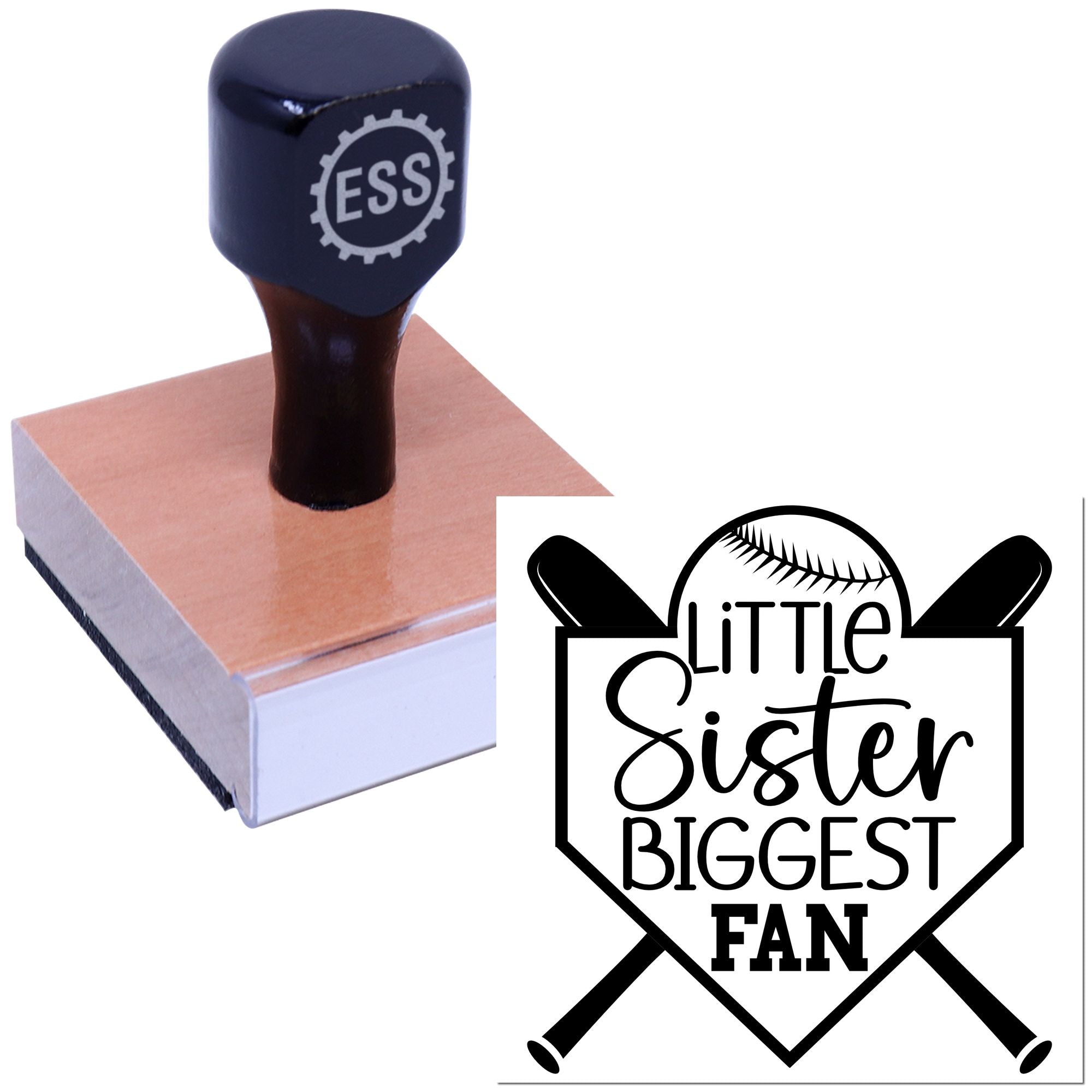 Navy blue custom stamp on a copper block with a black-and-white baseball seal reading Little Sister Biggest Fan.