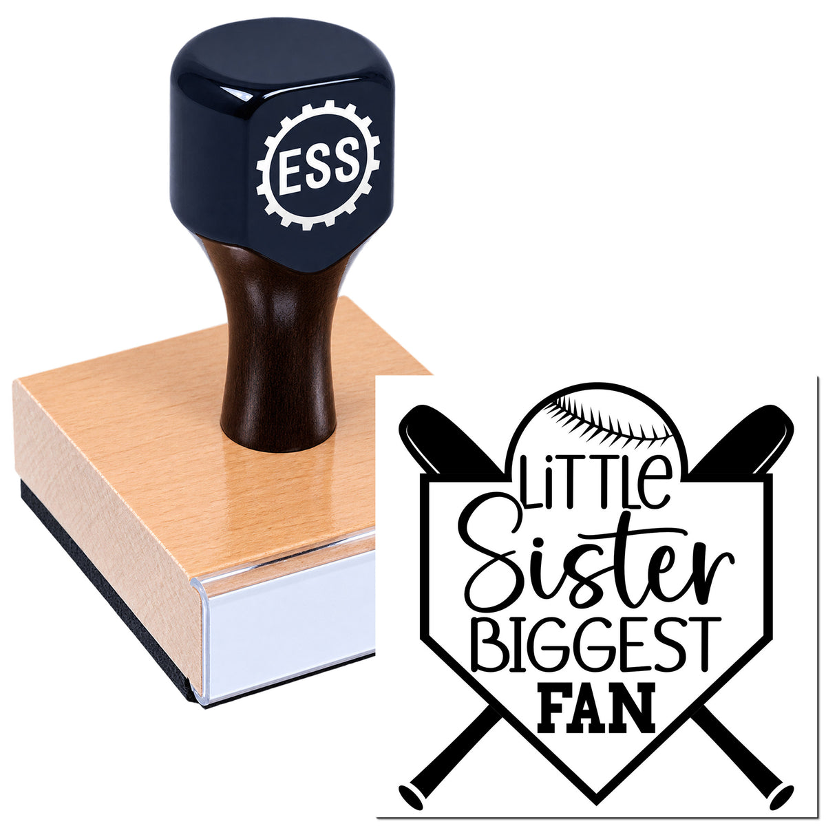 Navy blue custom stamp on a copper block with a black-and-white baseball seal reading Little Sister Biggest Fan.