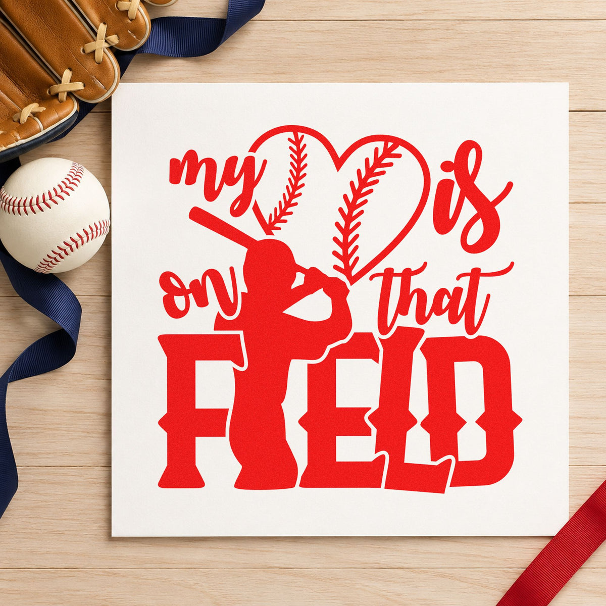 My Heart Is on That Field rubber stamp shown in red ink, stamped for projects such as journal cover stamping.