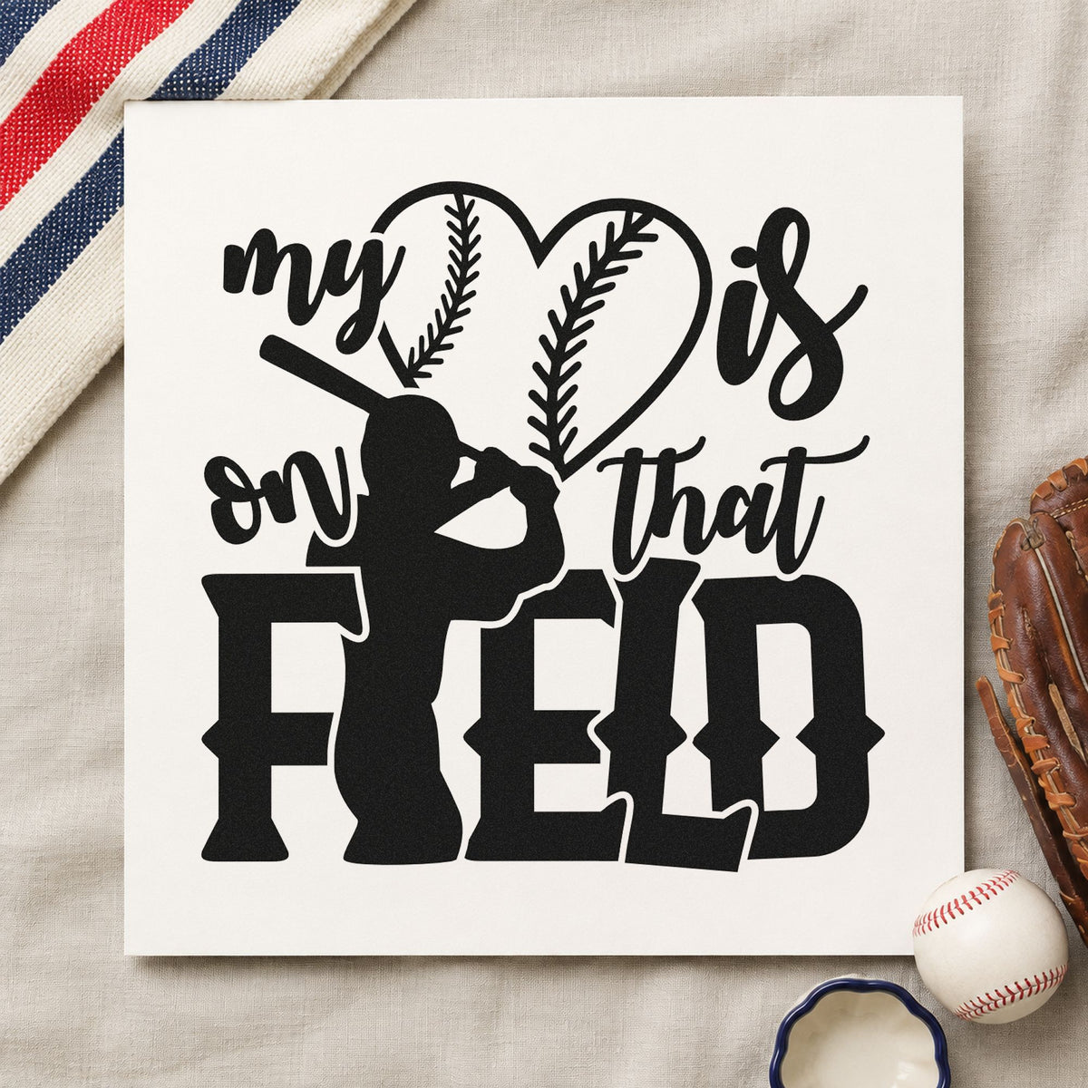 My Heart Is on That Field rubber stamp printed in black ink, ready for encouragement cards and similar paper crafts.