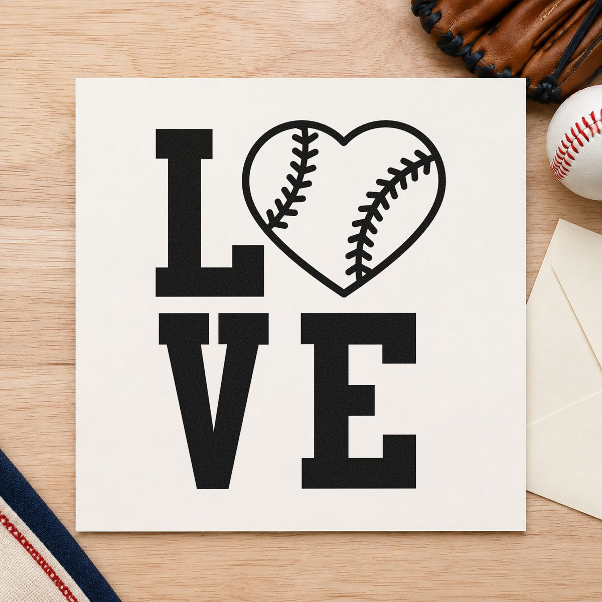 Baseball Heart Love craft stamp imprint in black ink on a handmade project, one idea being scrapbook title blocks.