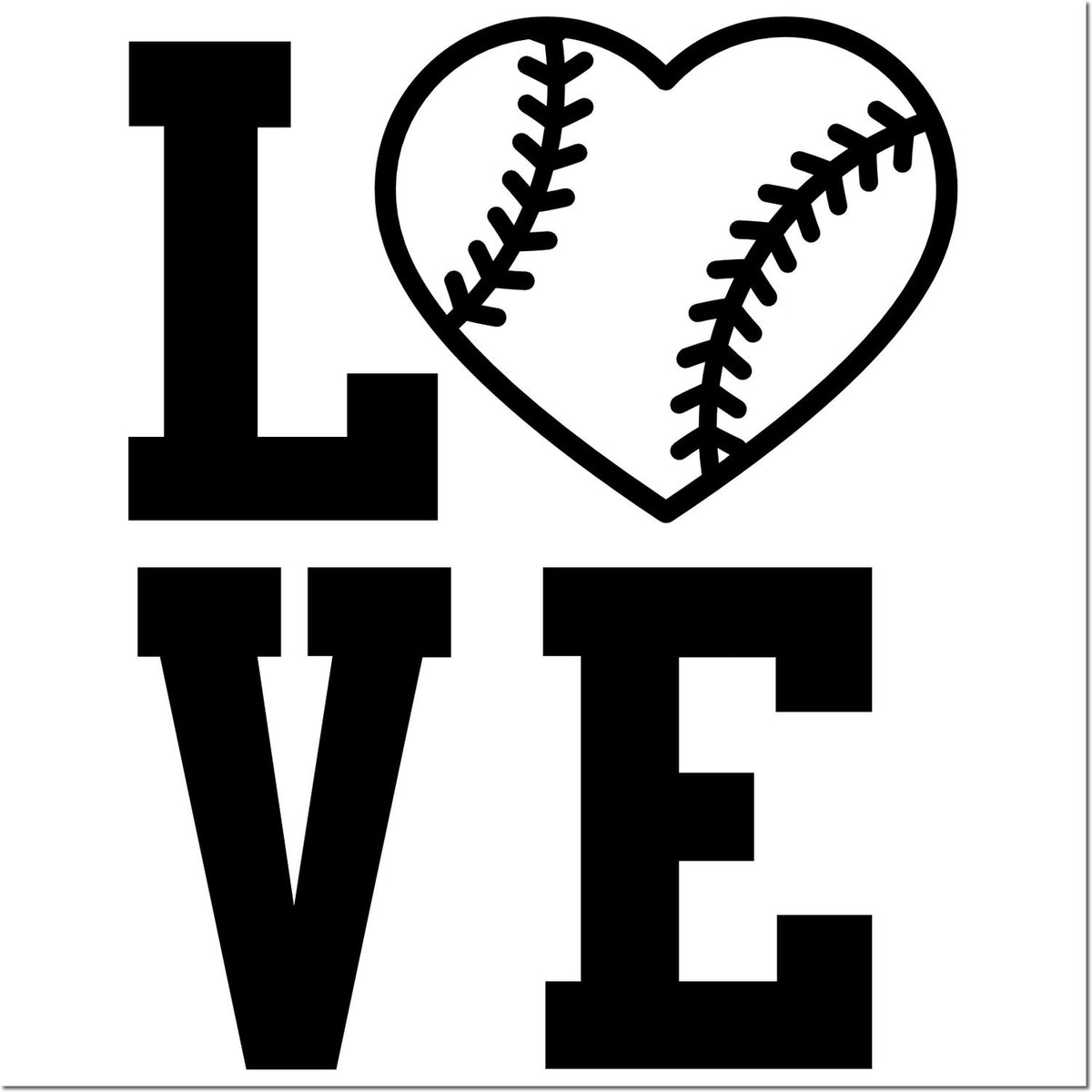 Black LOVE wordmark with baseball heart, stamp and seal design in black on a white background.