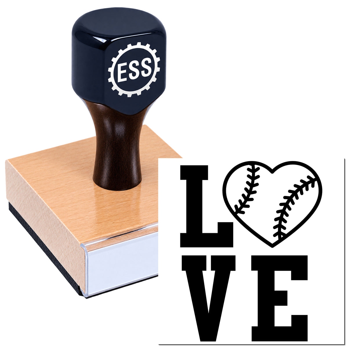 Black ESSI stamp on a wooden block beside a black-and-white "I ? U" baseball seal design.