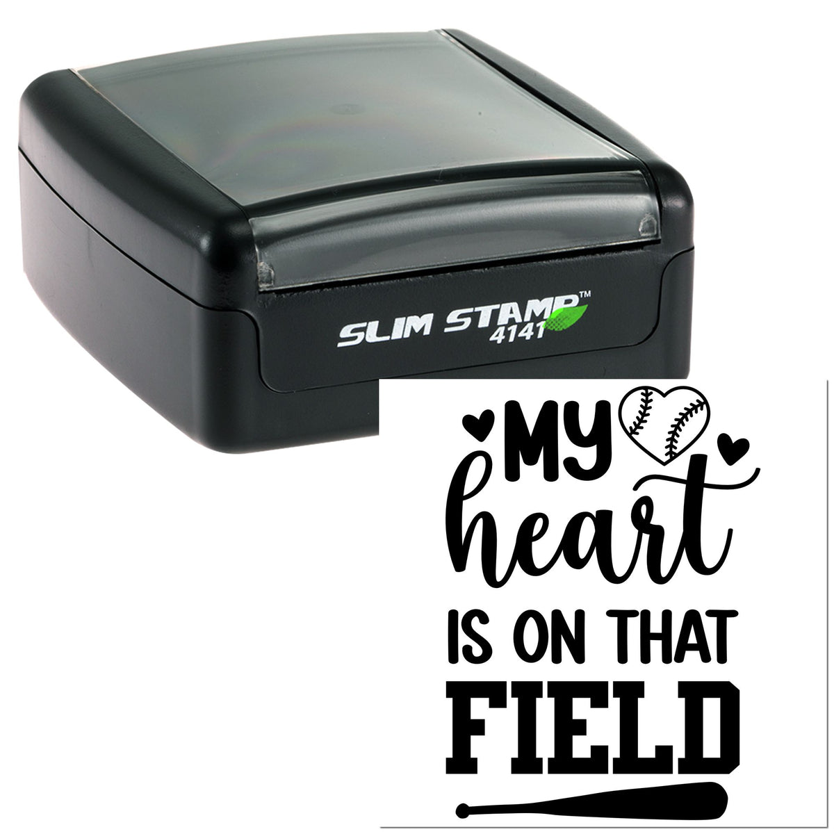 Black self-inking Slim Stamp 4141 with white my heart is on that field baseball design and hearts.