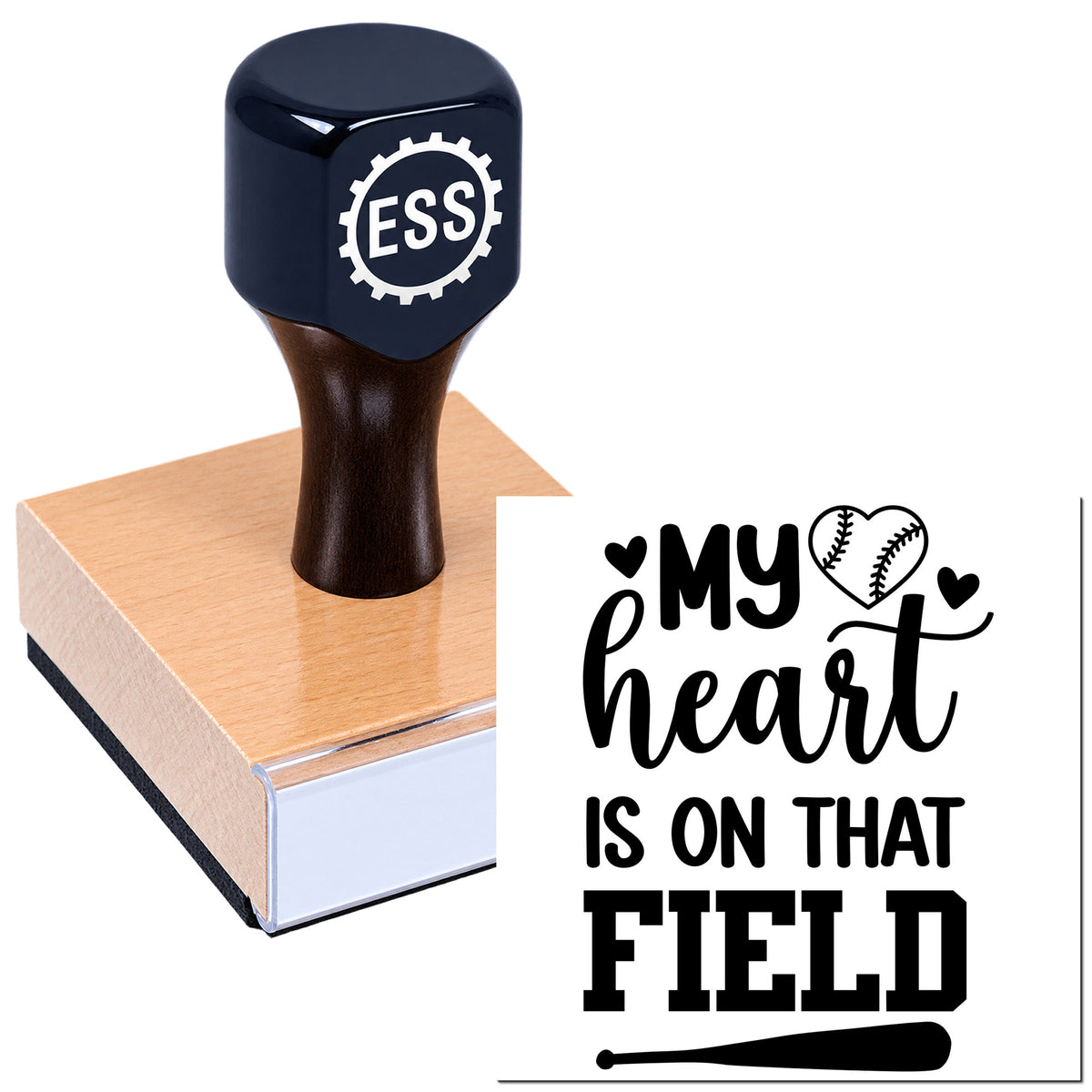 Navy ESS rubber stamp on a wooden block beside a black baseball-themed seal reading "my heart is on that field."