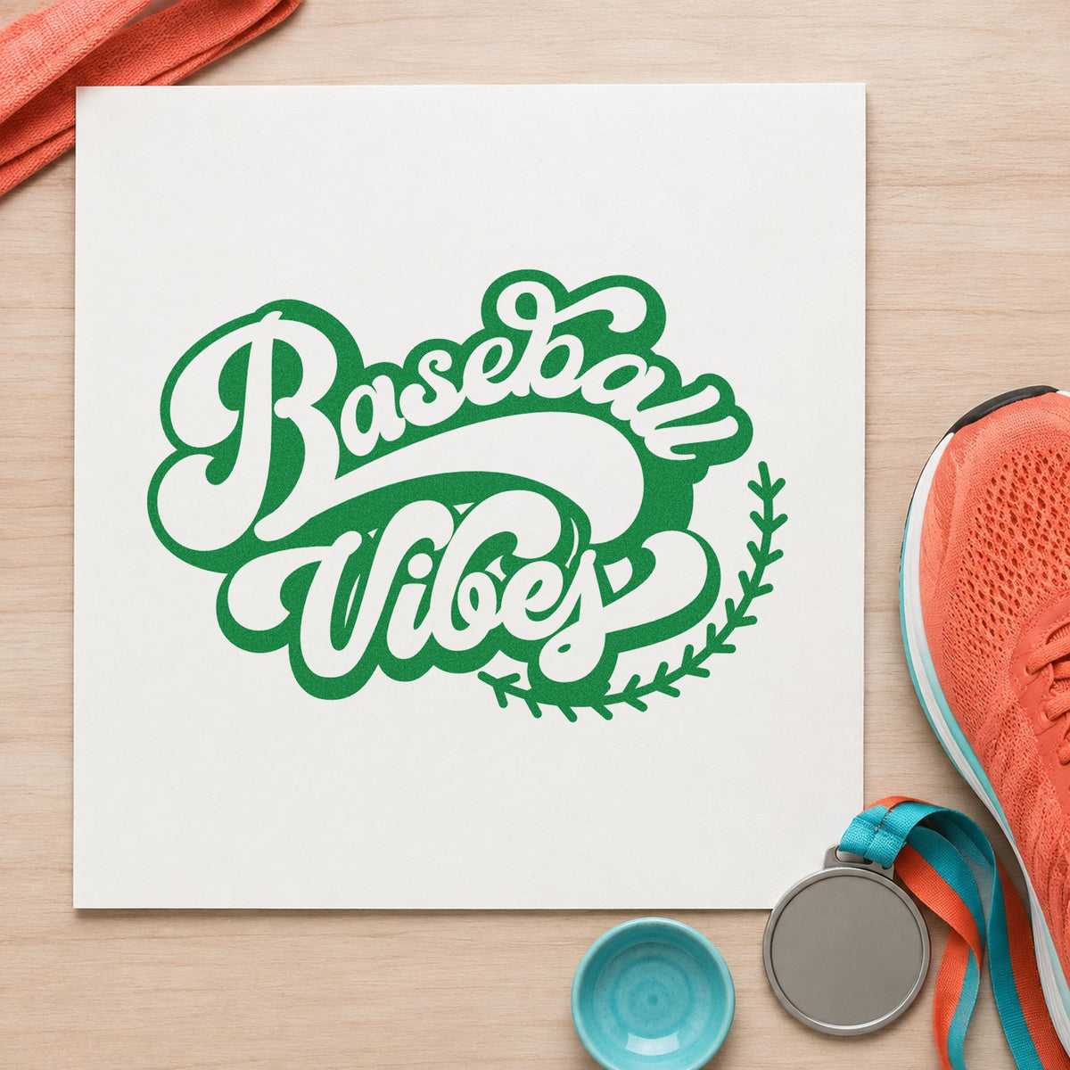 Baseball Vibes craft stamp imprint in green ink on a handmade project, one idea being snack bag toppers.