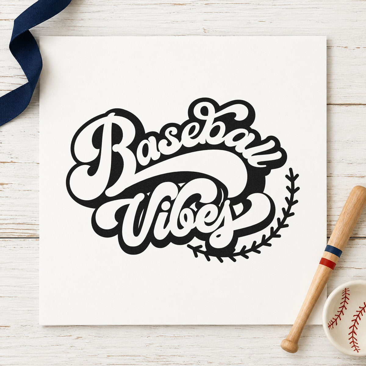 Baseball Vibes rubber stamp printed in black ink, ready for casual greeting cards and similar paper crafts.