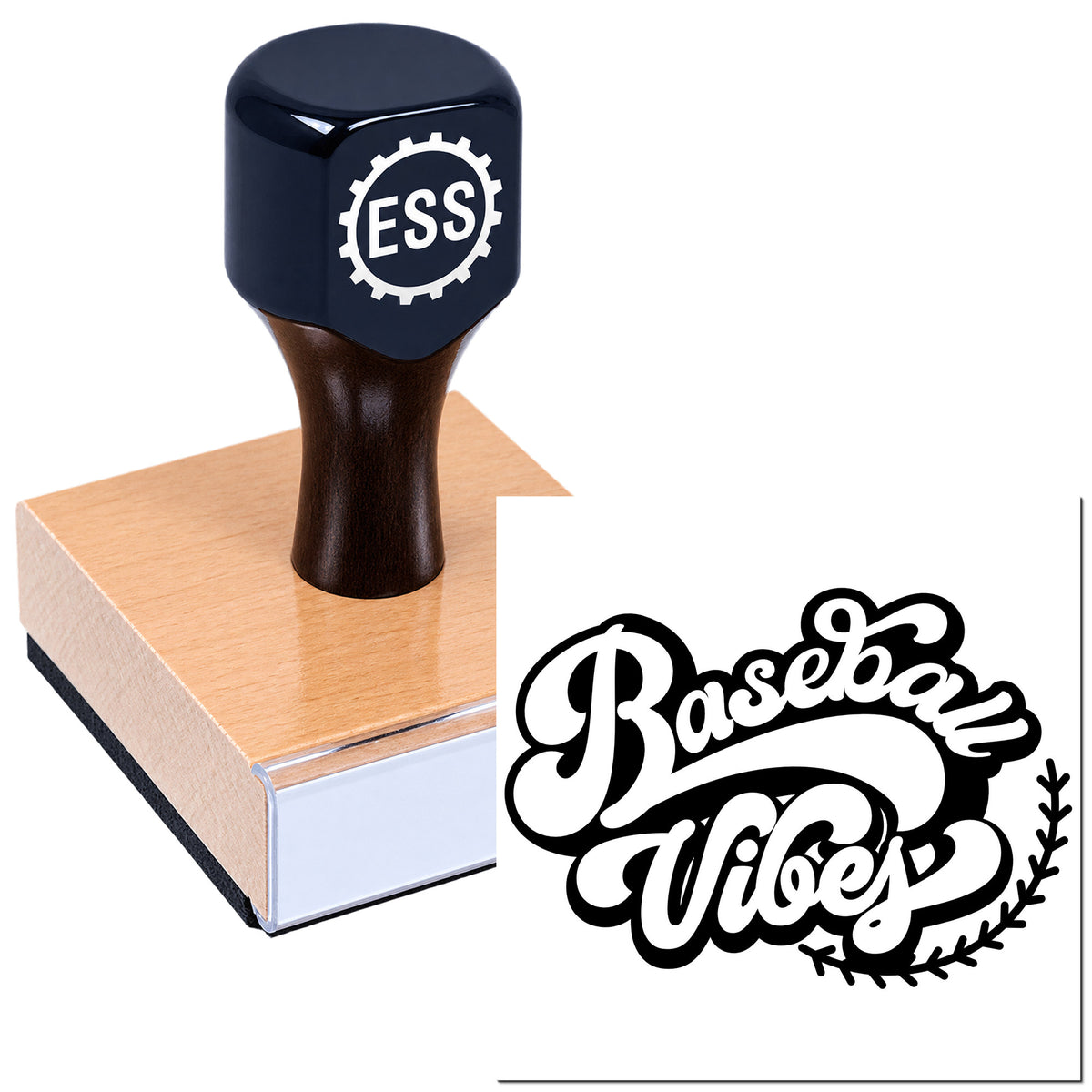 Black ESS custom rubber stamp on a pink seal block, with white Baselaz Vibes seal logo.