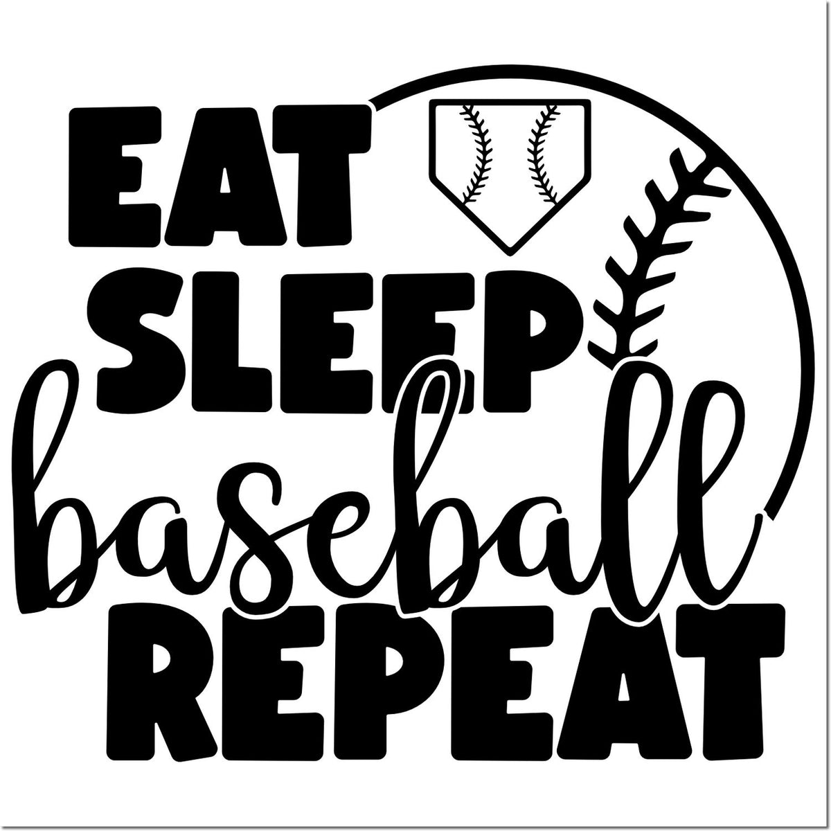 Black baseball stamp and seal design with bold Eat Sleep Baseball Repeat lettering, seams, and curved bat graphic on white.