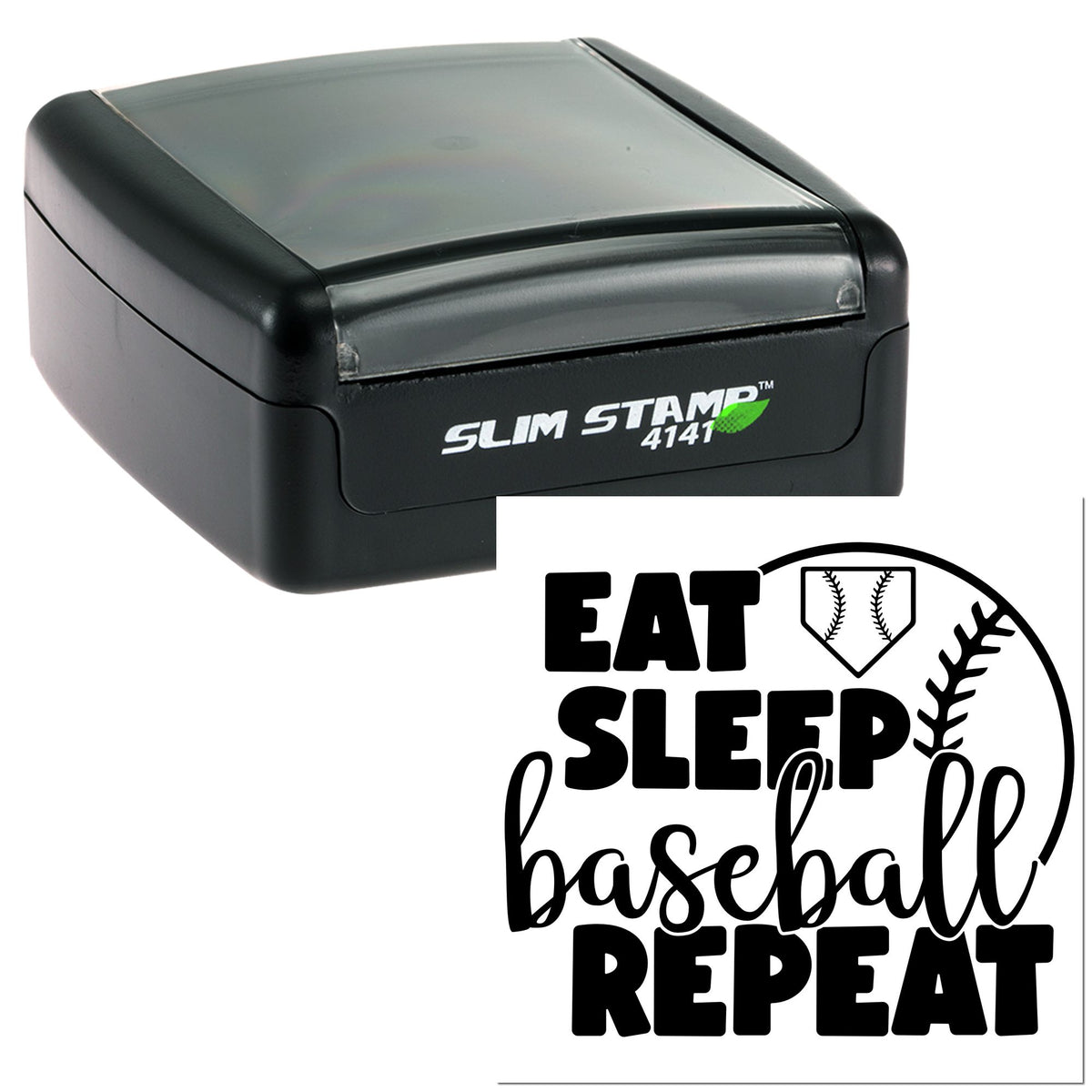 Black self-inking Slim Stamp with baseball seal design reading EAT SLEEP baseball REPEAT on white background.