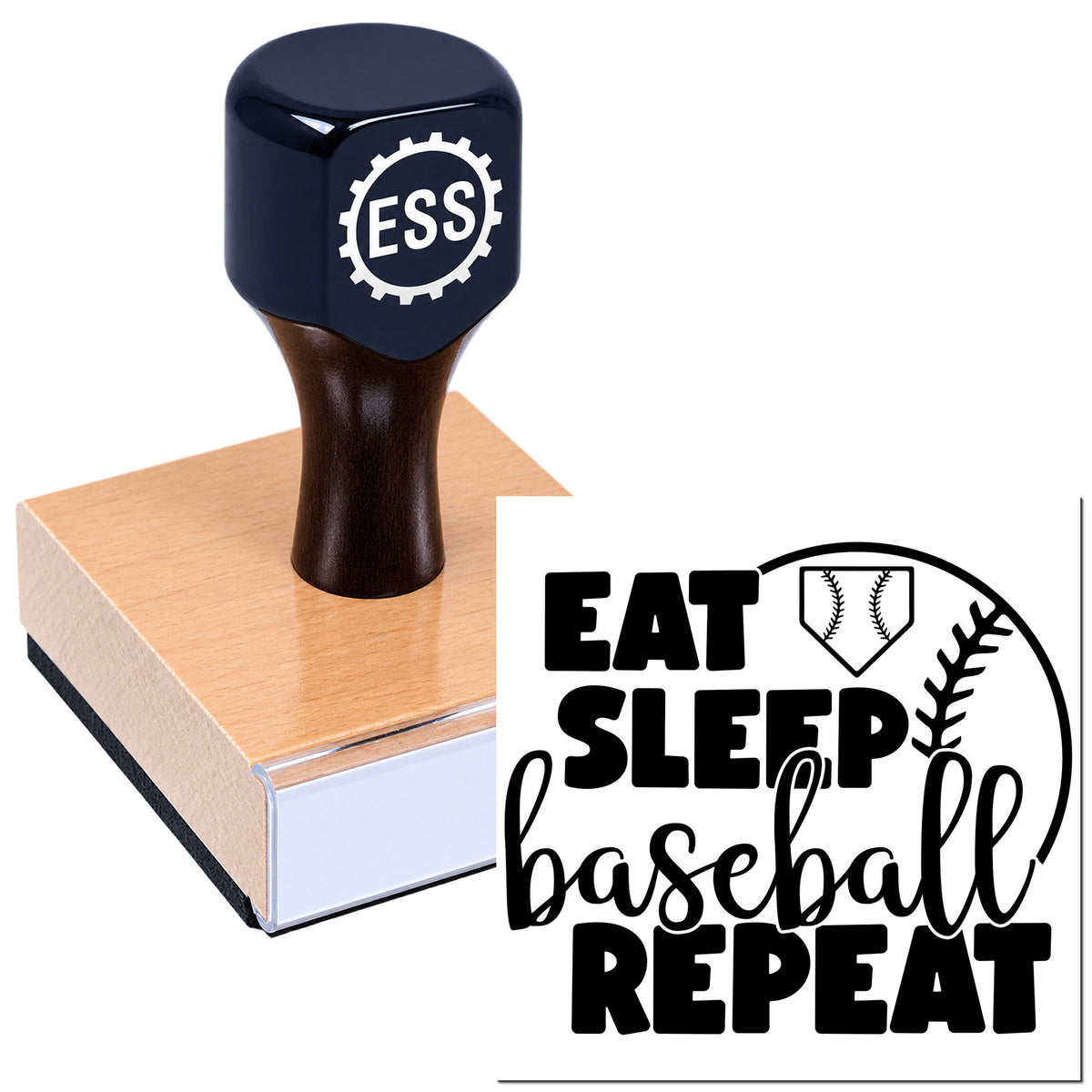 Black ESSL stamp and seal on a wooden block, beside bold black "Eat Sleep Baseball Repeat" design.