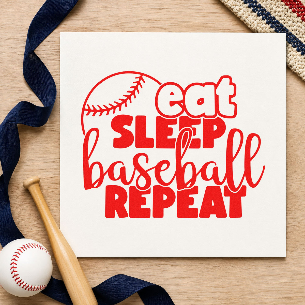 Eat Sleep Baseball Round rubber stamp shown in red ink, stamped for projects such as pillow cover crafts.
