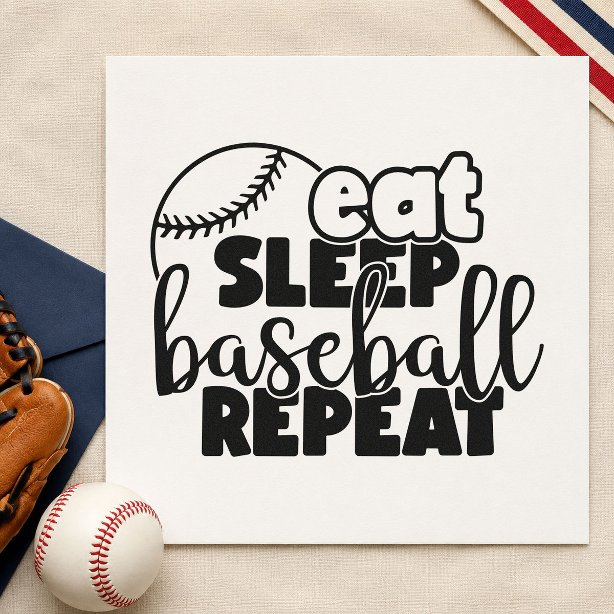 Eat Sleep Baseball Round rubber stamp printed in black ink, ready for big ball birthday cards and similar paper crafts.