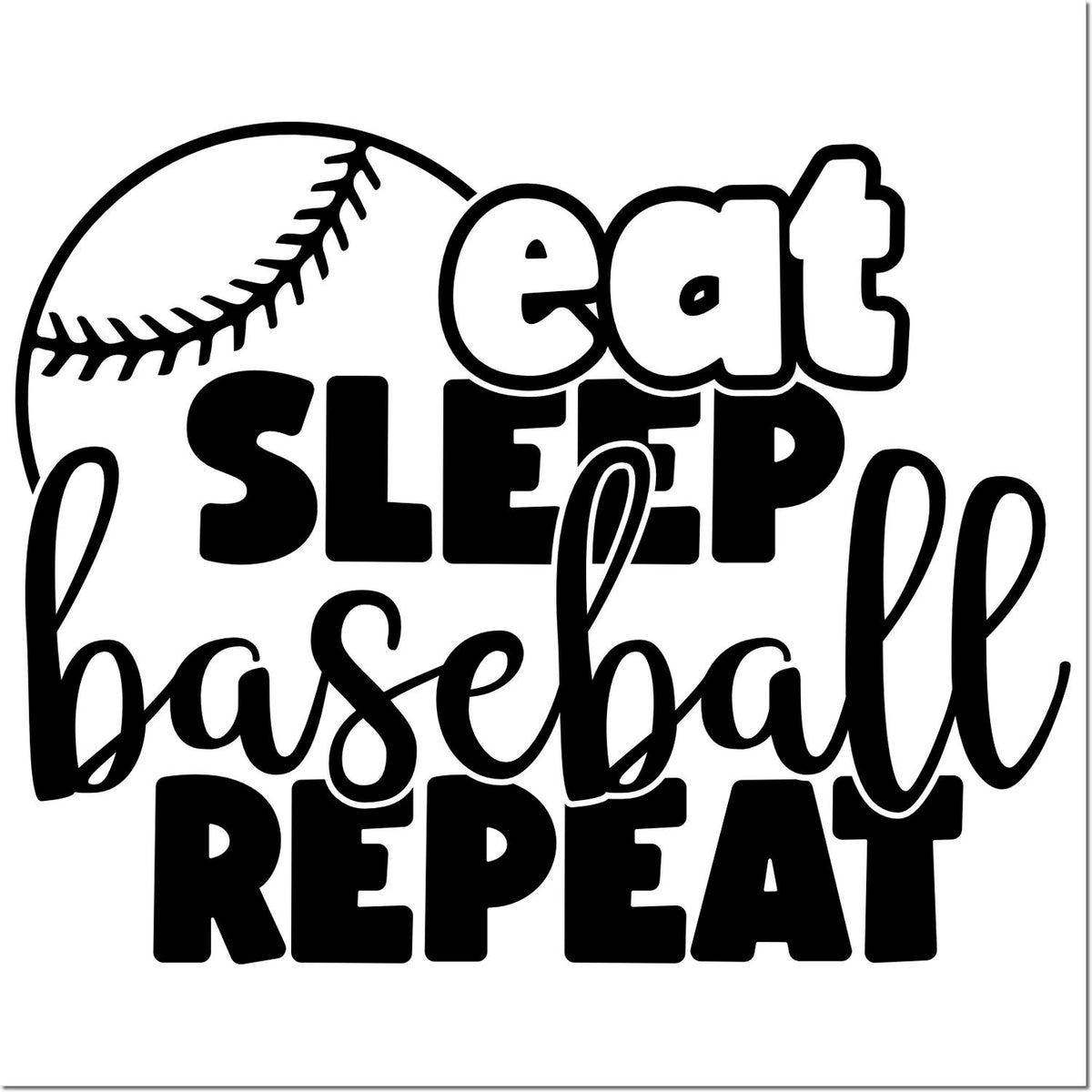 Black Eat Sleep Baseball Repeat stamp design with baseball seam graphic for seal and custom stamp products.