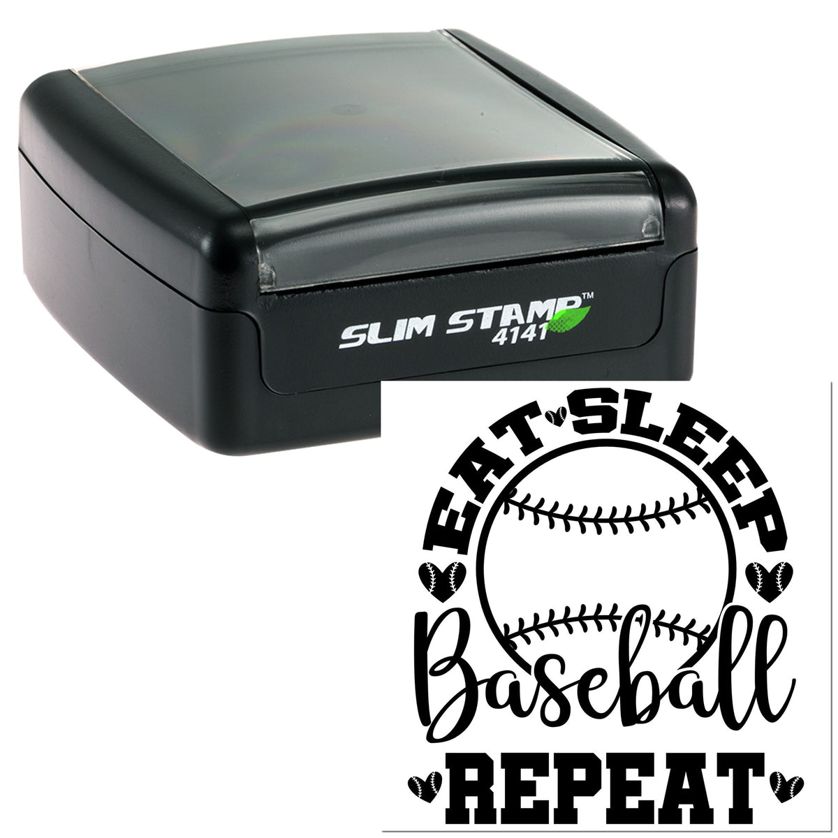 Black self-inking Slim Stamp 4141 with custom baseball seal design reading Eat Sleep Baseball Repeat on white.