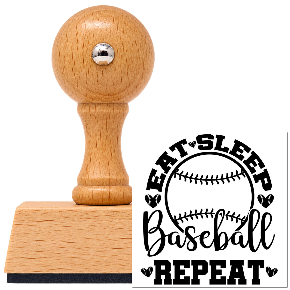 Vintage Pro beech wood stamp with a round knob handle, shown with its black Eat Sleep Baseball Repeat imprint on white.