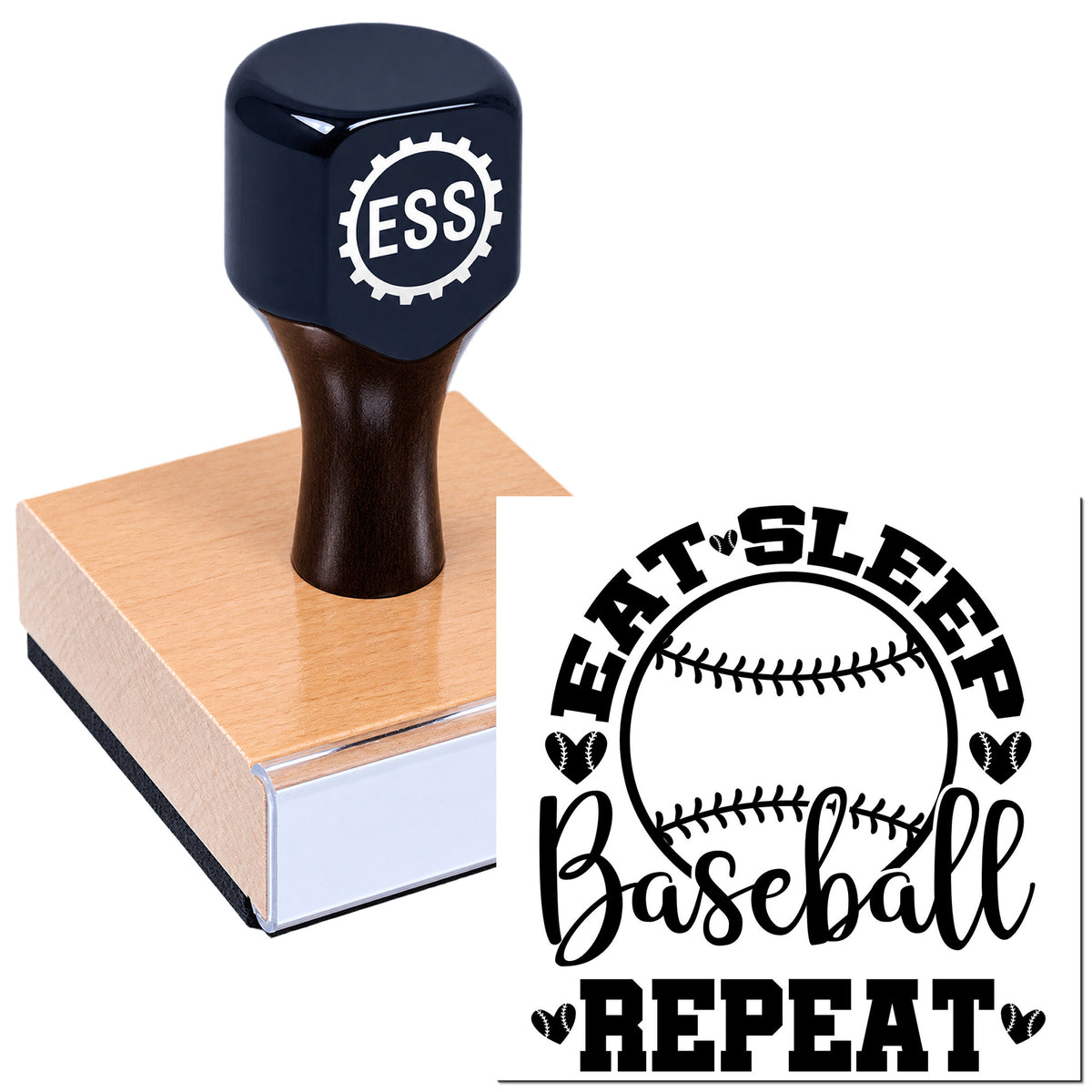Black custom baseball stamp and seal on a wood block, with ESS logo and bold black-and-white baseball repeat design.