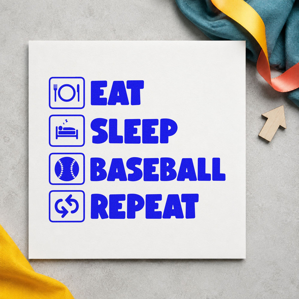 Baseball Routine Icons craft stamp imprinted in blue ink on paper, a design suited to planner stickers.