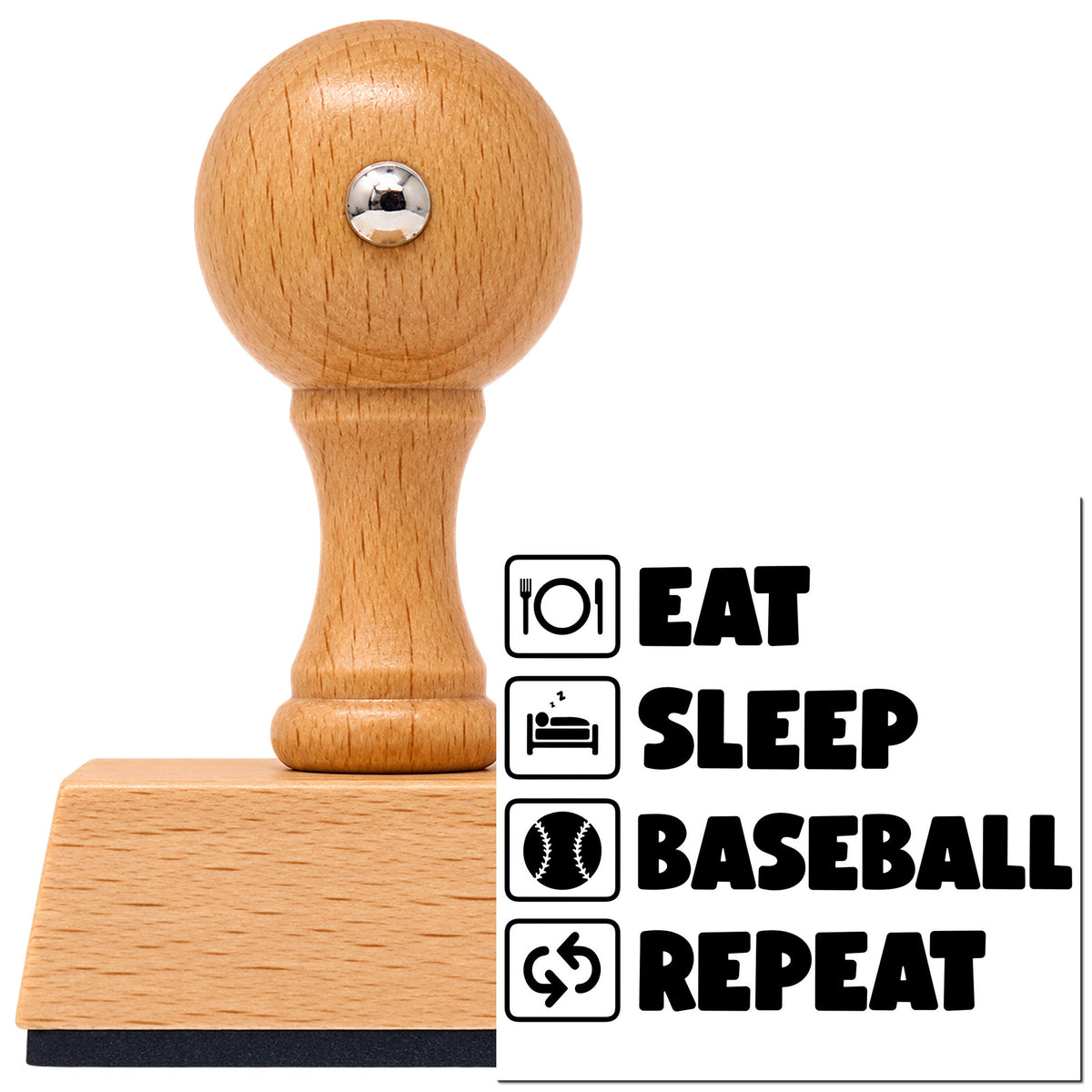 Vintage Pro beech wood stamp with a round knob handle, shown with its black Baseball Routine Icons Arrow imprint on white.