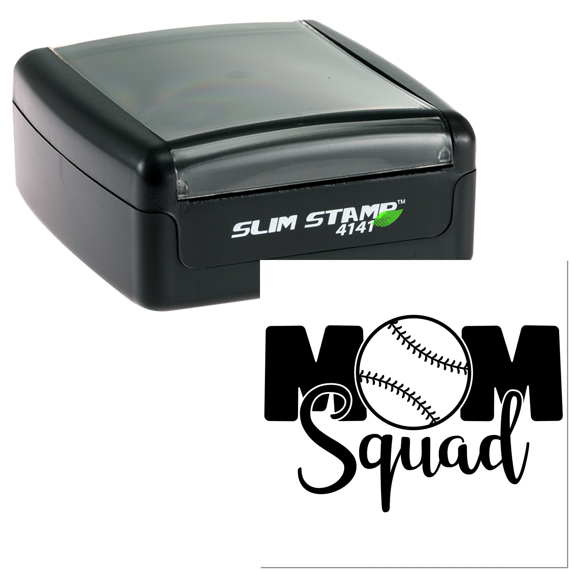 Black Slim Stamp 4141 self-inking stamp with gray top and a baseball-themed M Squad seal logo.
