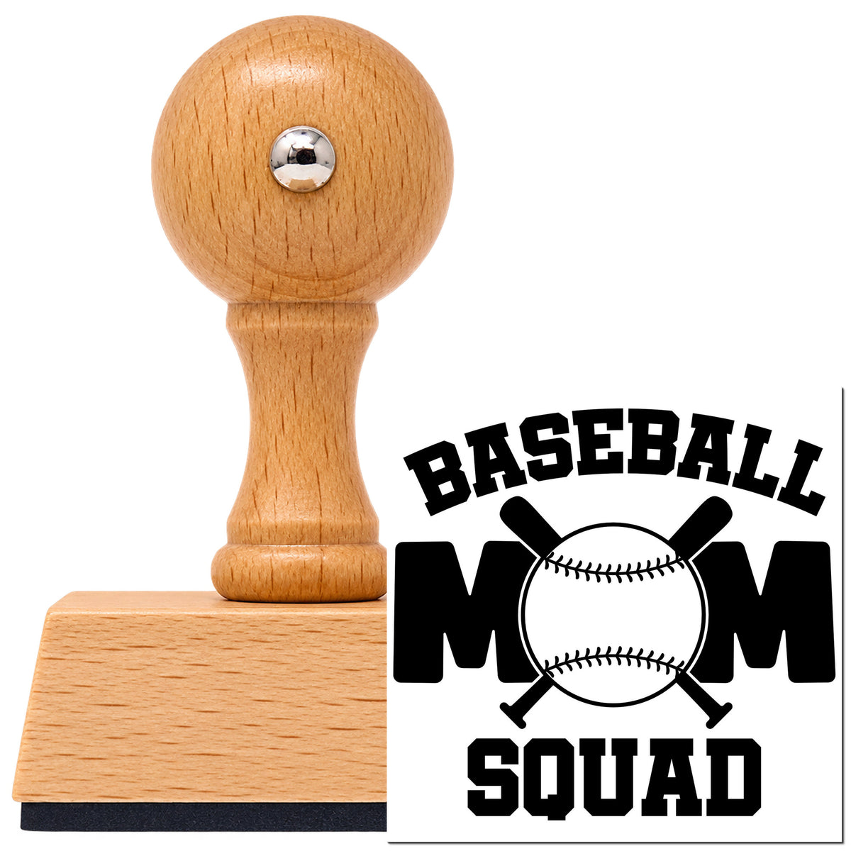 Vintage Pro beech wood stamp with a round knob handle, shown with its black Baseball Mom Squad Bats imprint on white.