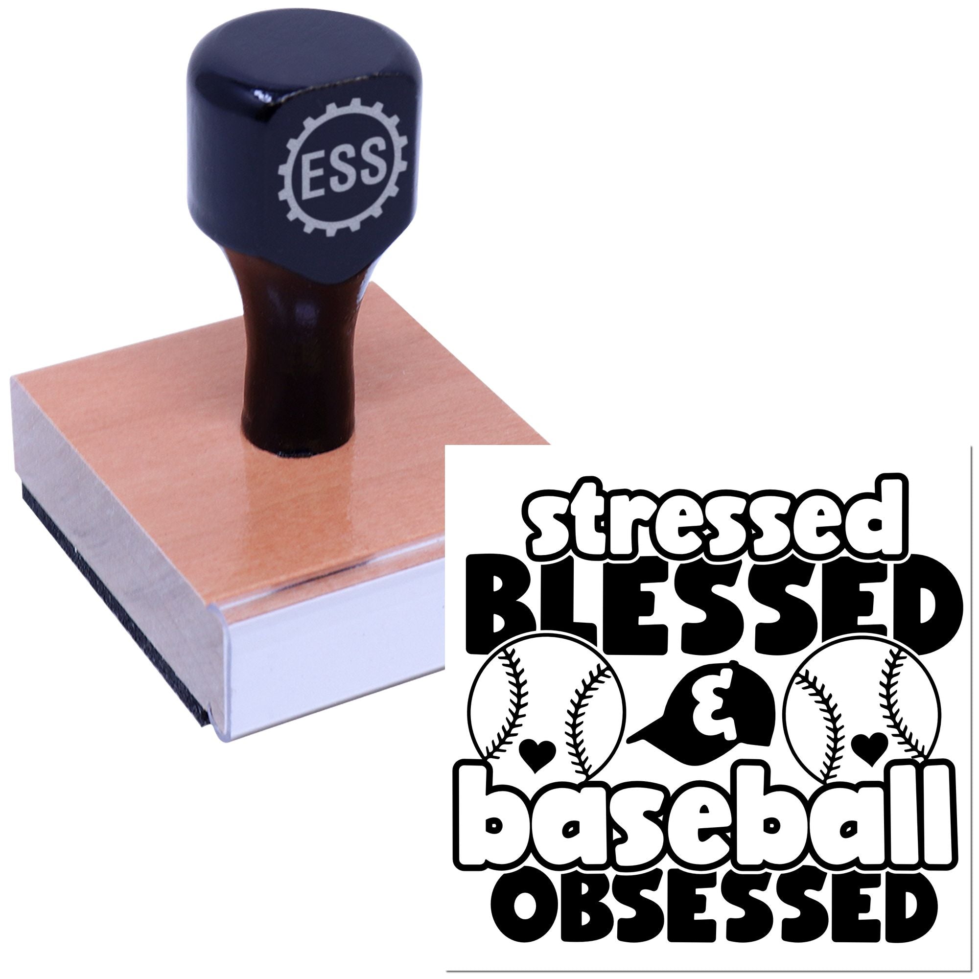Black ESS custom stamp and seal on wooden base with stressed blessed baseball obsessed design and baseball graphics