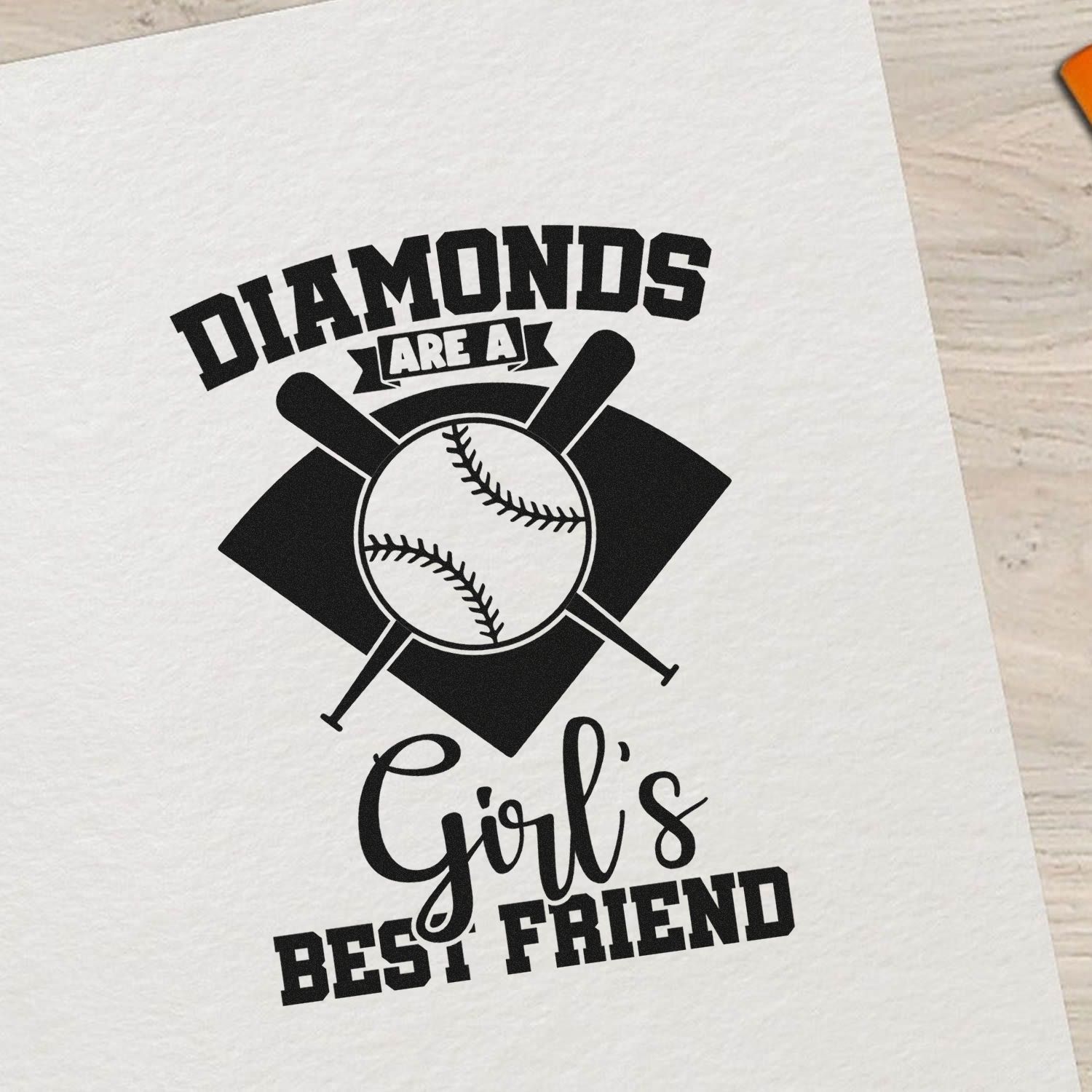 Black baseball stamp and seal design with crossed bats and a baseball, reading Diamonds are a Girls Best Friend.
