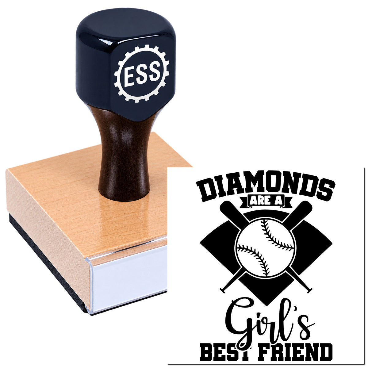 Black rubber stamp and seal on a wood base, with ESS logo and baseball graphic reading "Diamonds are a girl's best friend."