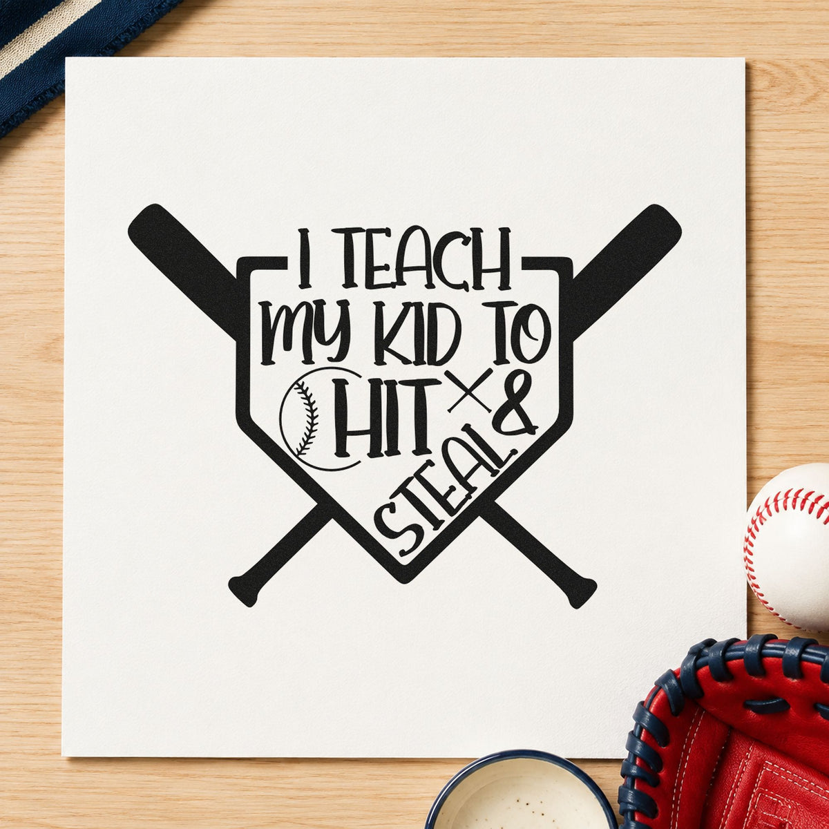 Hit and Steal Crossed Bats craft stamp imprint in black ink on a handmade project, one idea being scrapbook steal pages.