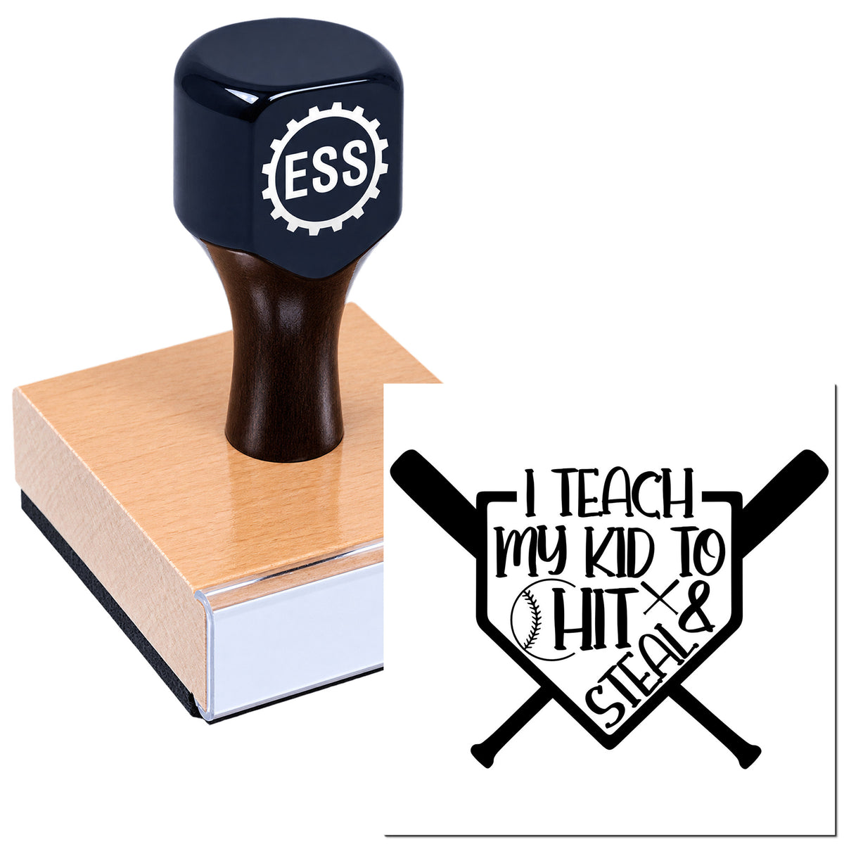 Black ESS stamp and baseball-themed seal reading "I teach my kid to hit & steal."