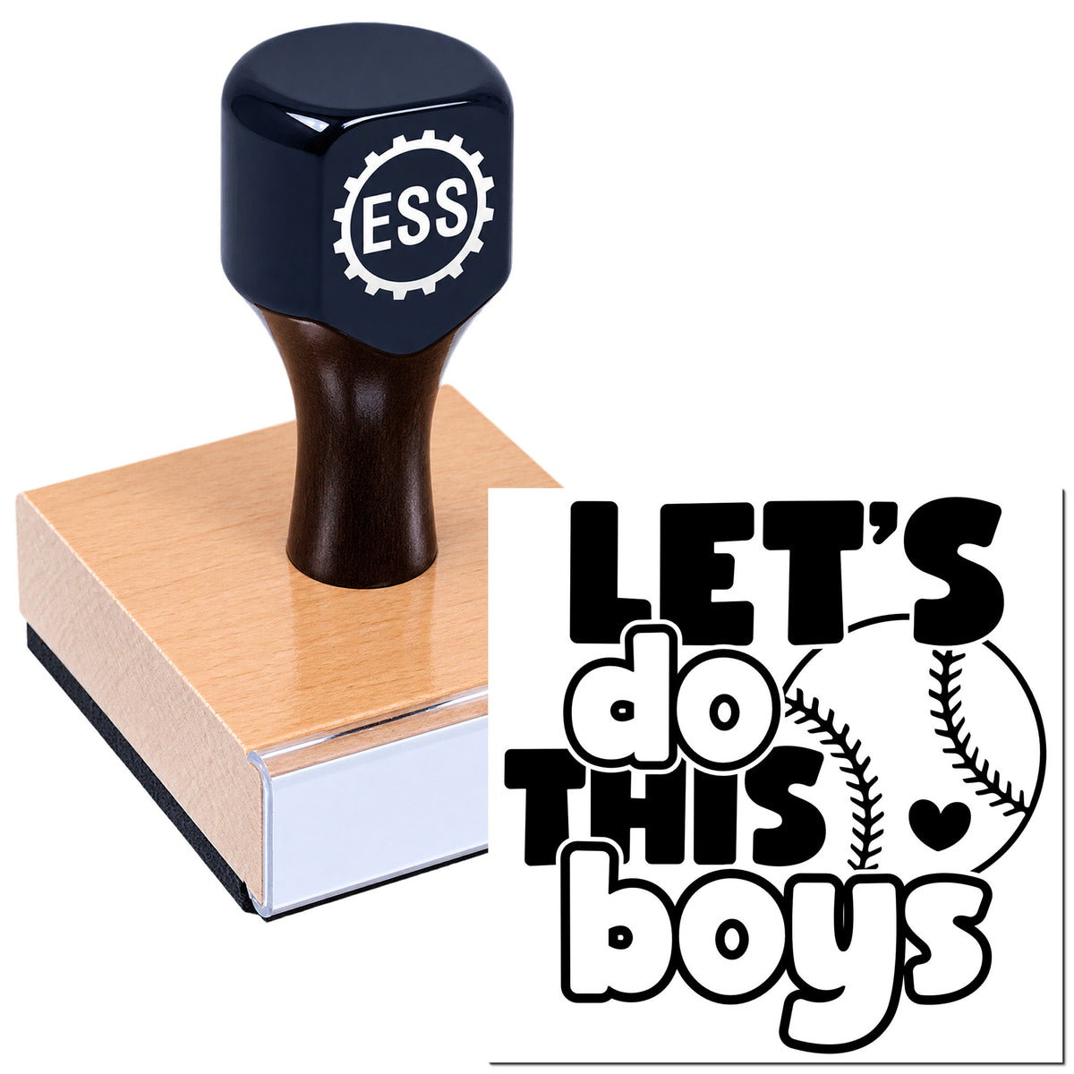 Custom navy rubber stamp and seal with ESS logo on a wooden block, beside bold black baseball-themed text.