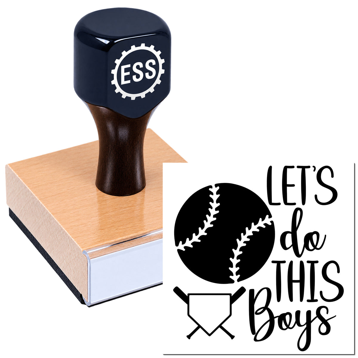Black custom baseball stamp and seal on wooden block with gear logo and "Let's do this Boys" design.