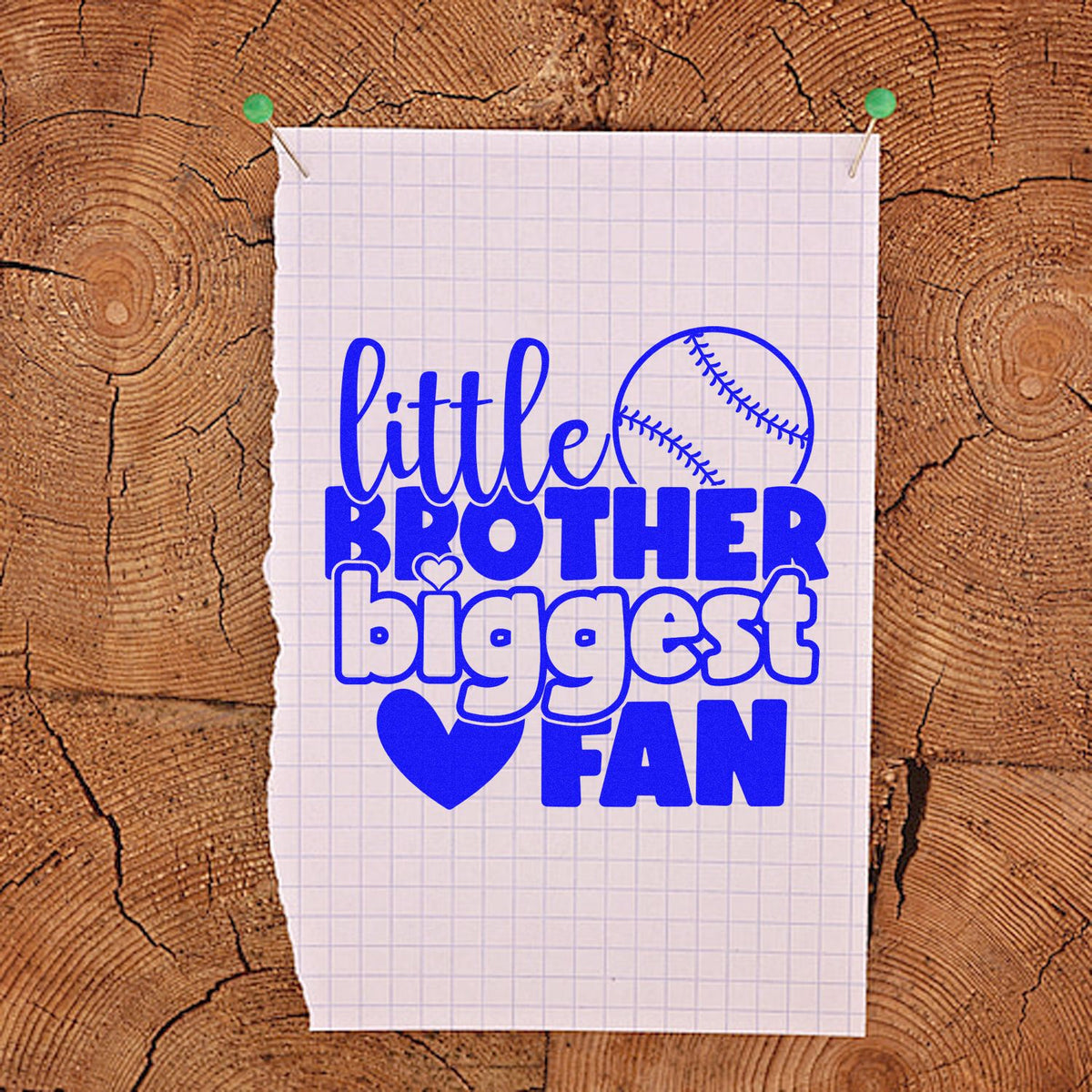Blue little brother biggest fan baseball stamp and seal design on pinned graph paper, with heart and baseball icons.